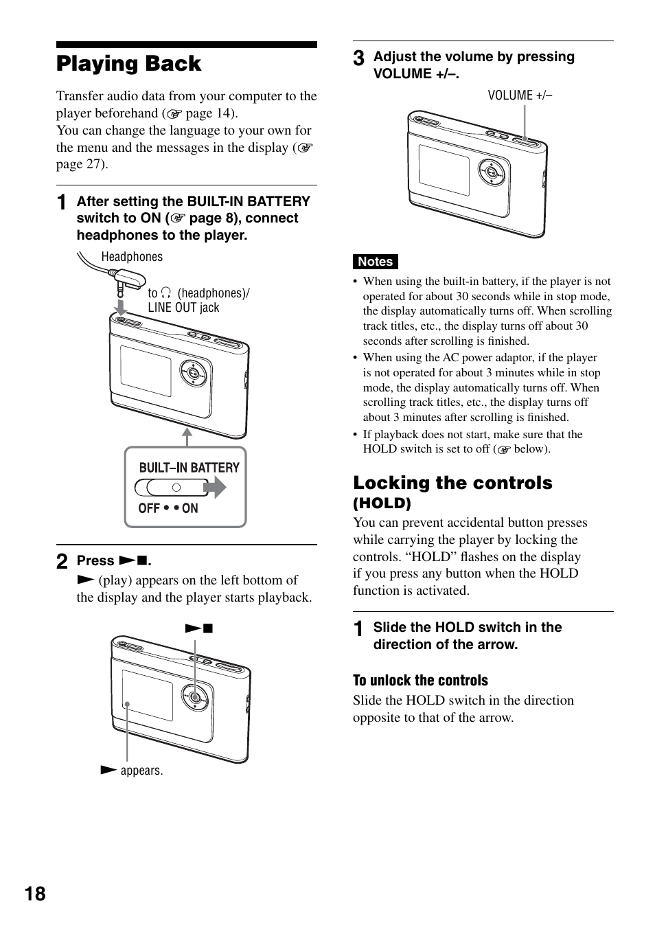 Playing back, Locking the controls (hold), Locking the controls | Sony NW-HD1 User Manual | Page 18 / 46