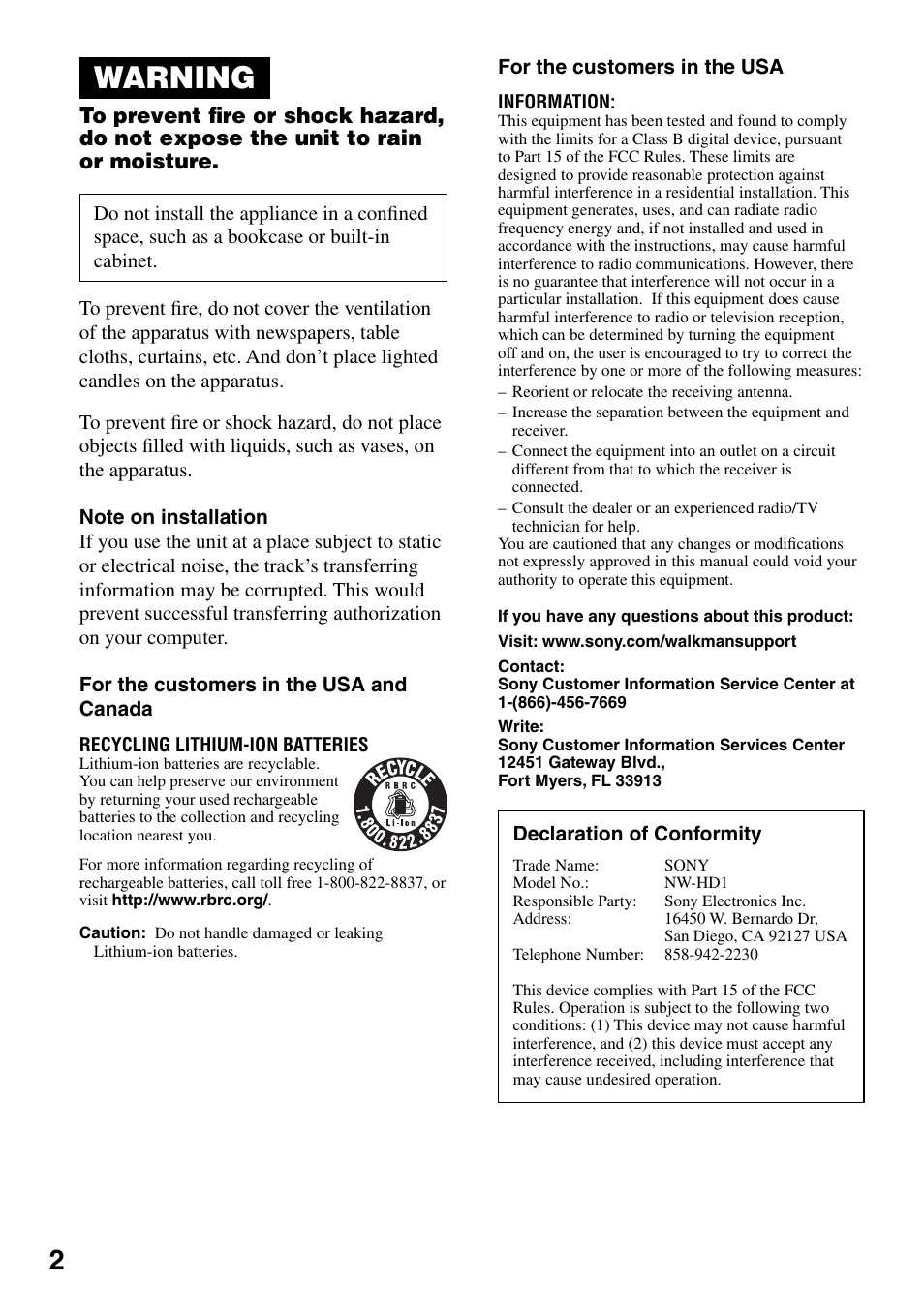 Warning | Sony NW-HD1 User Manual | Page 2 / 46