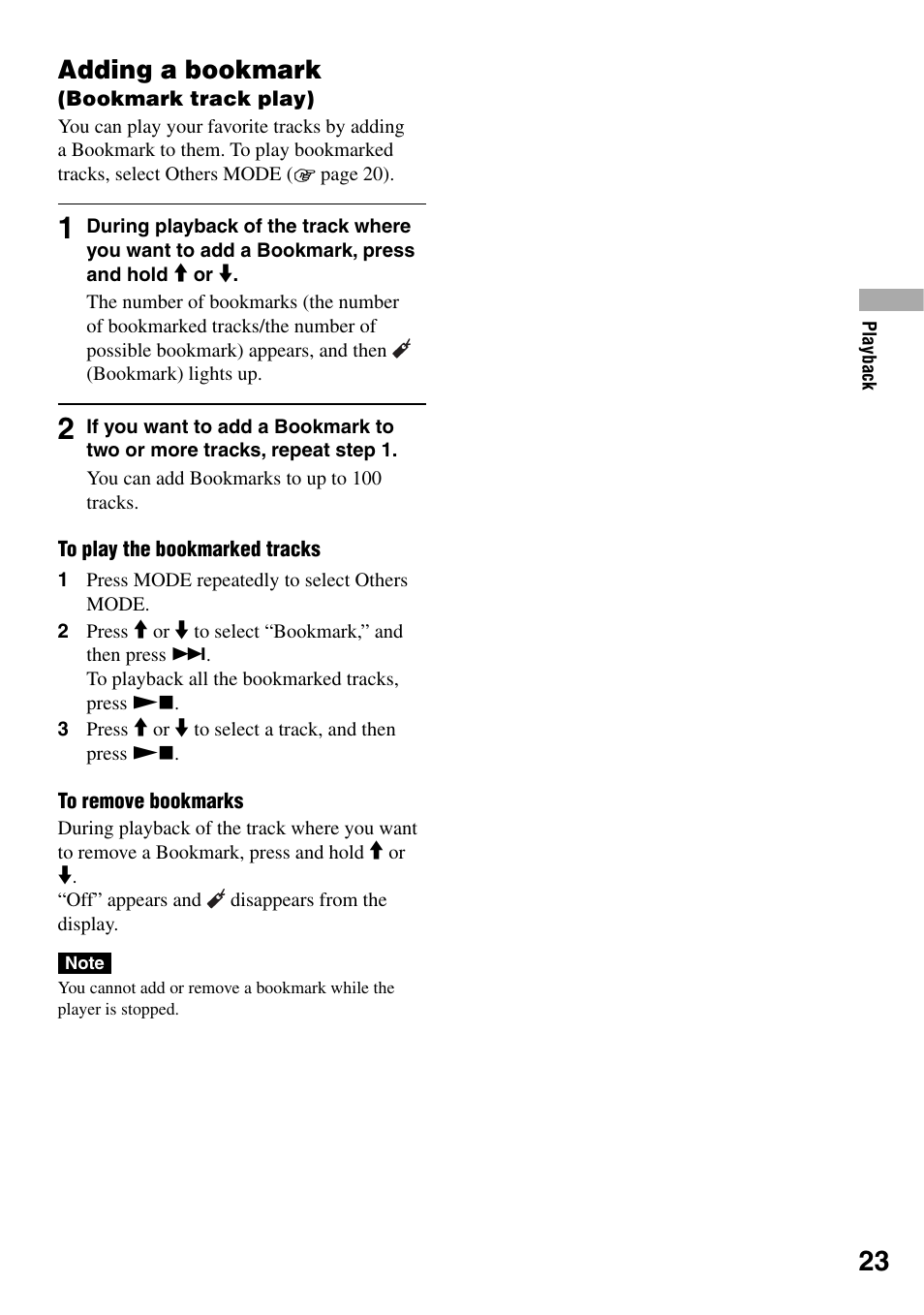 Adding a bookmark (bookmark track play), Adding a bookmark, Bookmark track play) | Sony NW-HD1 User Manual | Page 23 / 46