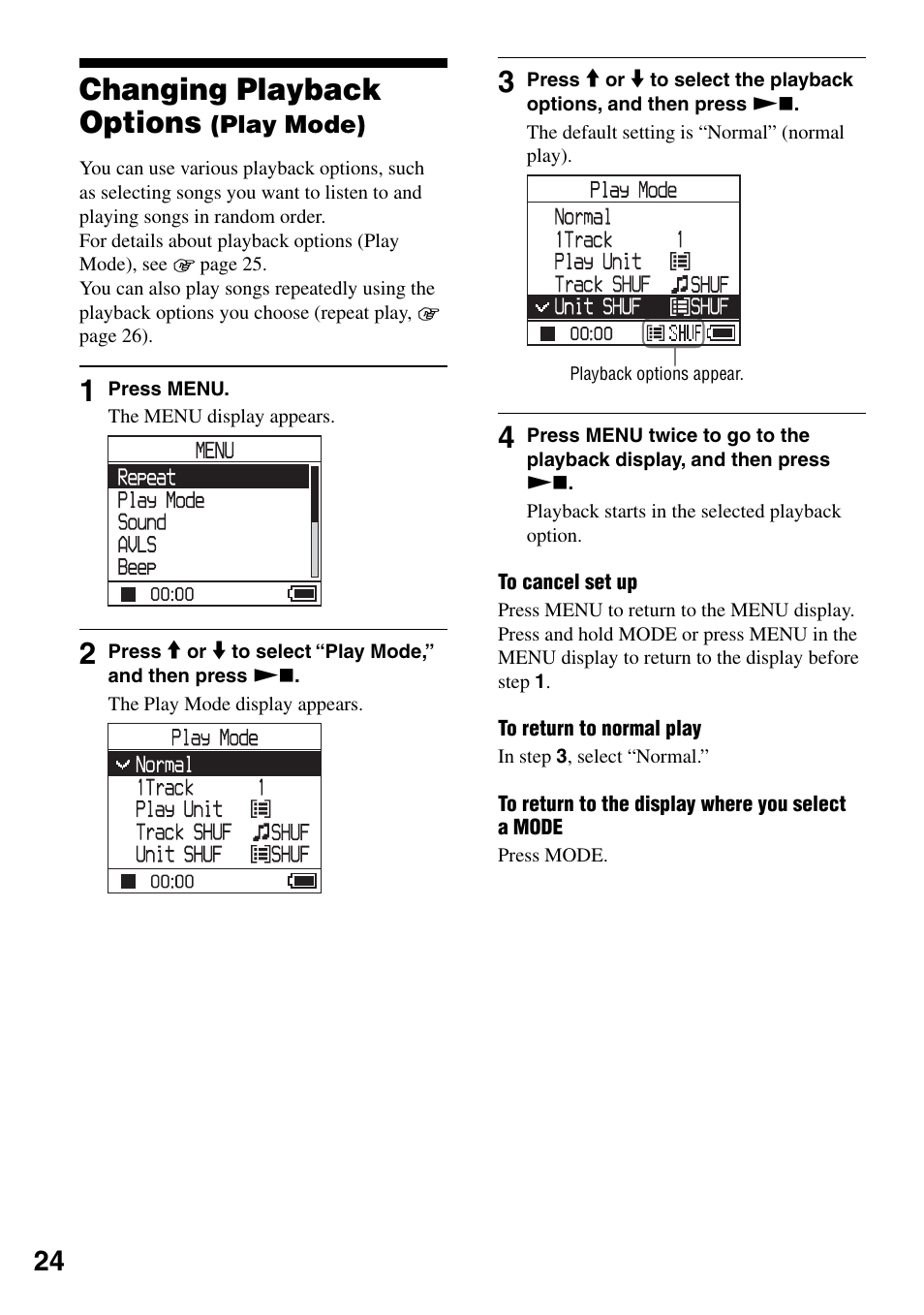 Changing playback options (play mode), Changing playback options, Play mode) | Sony NW-HD1 User Manual | Page 24 / 46