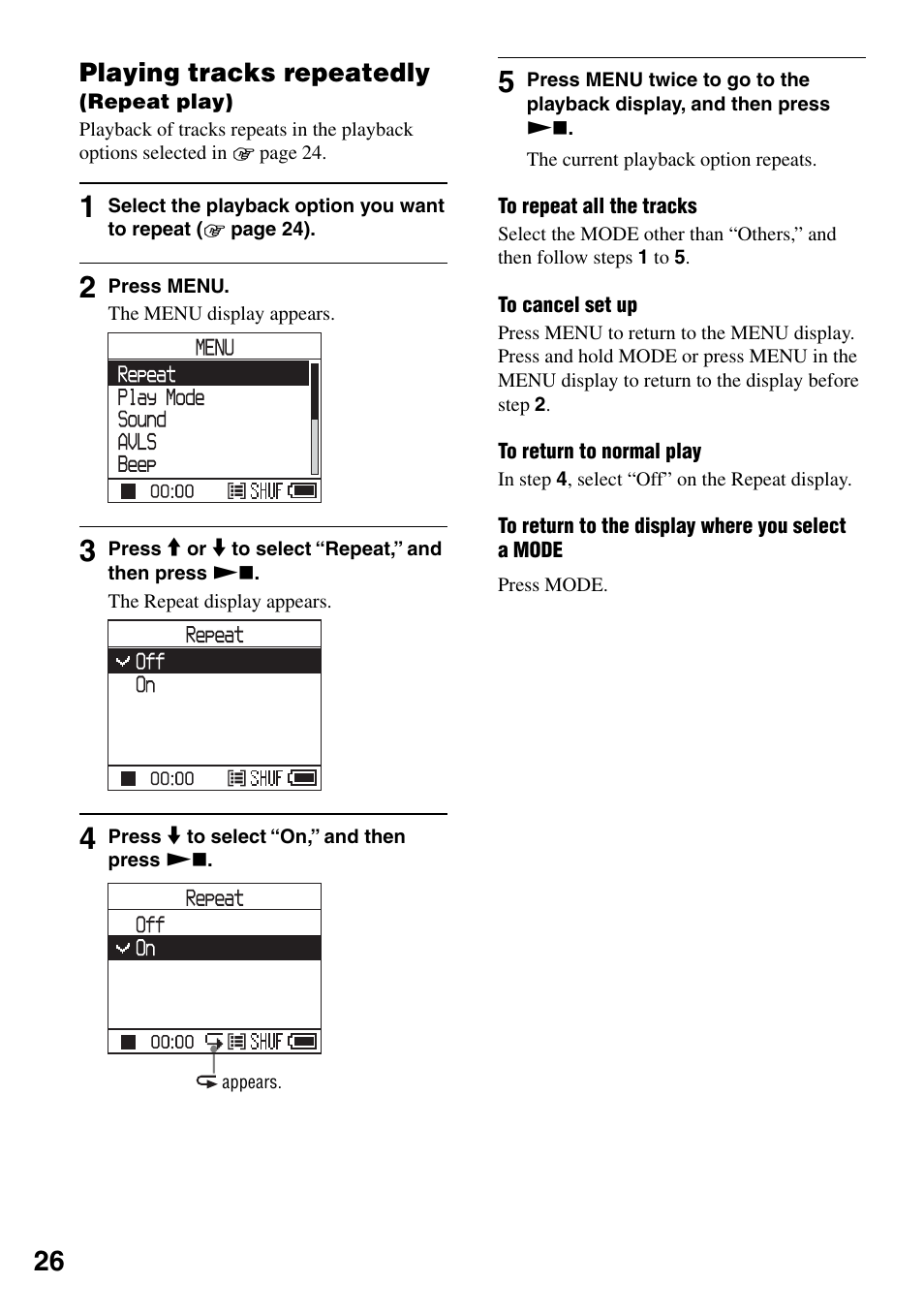 Playing tracks repeatedly (repeat play), Playing tracks repeatedly | Sony NW-HD1 User Manual | Page 26 / 46