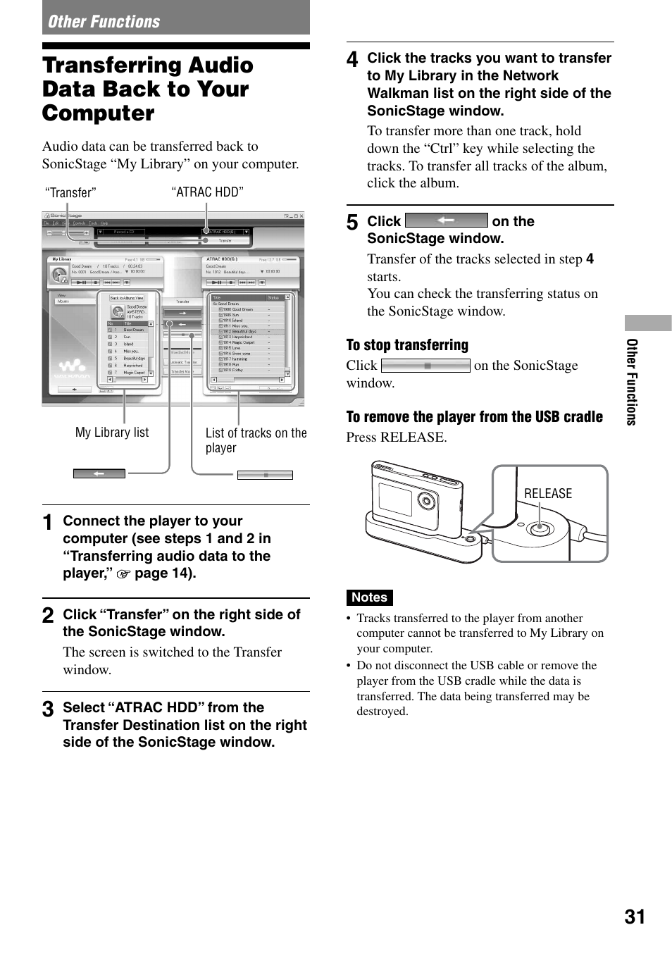 Other functions, Transferring audio data back to your computer, Transferring audio data back | To your computer | Sony NW-HD1 User Manual | Page 31 / 46