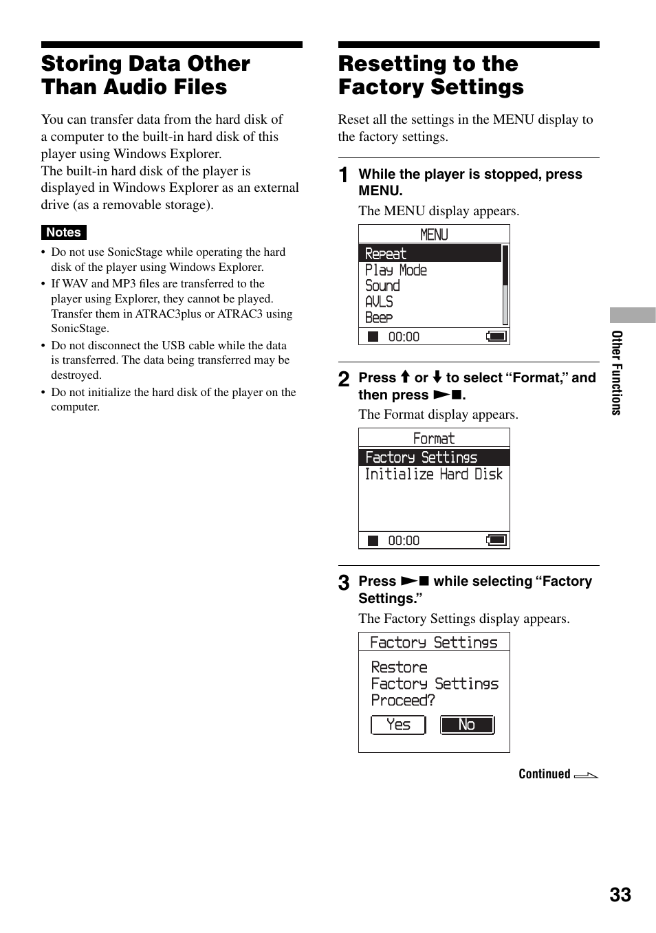 Storing data other than audio files, Resetting to the factory settings | Sony NW-HD1 User Manual | Page 33 / 46