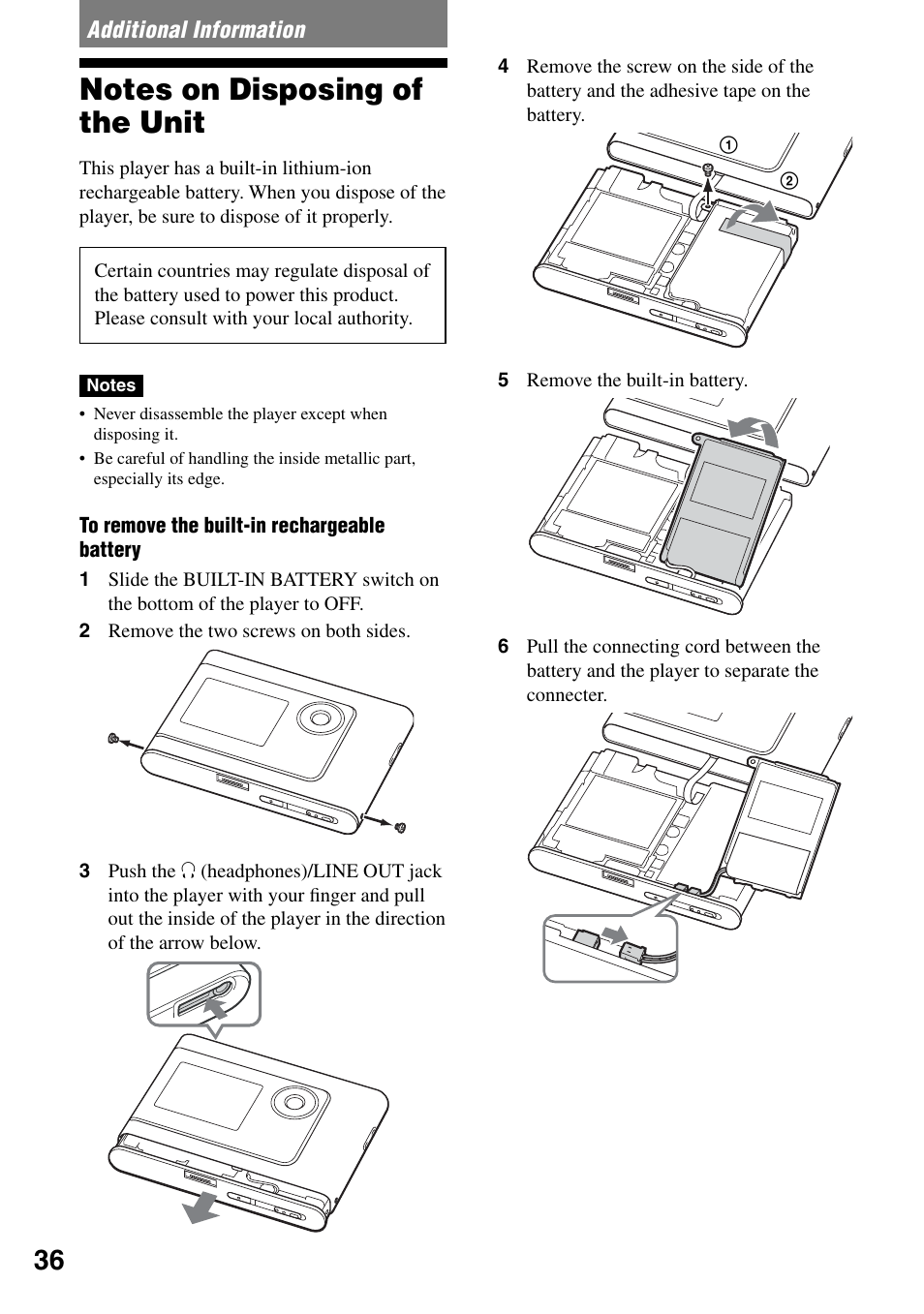 Additional information, Notes on disposing of the unit | Sony NW-HD1 User Manual | Page 36 / 46