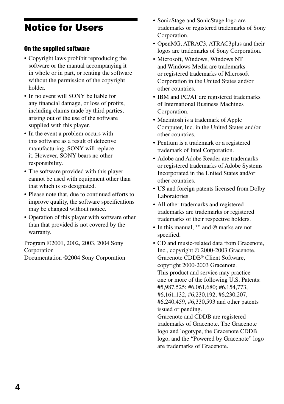 Notice for users | Sony NW-HD1 User Manual | Page 4 / 46