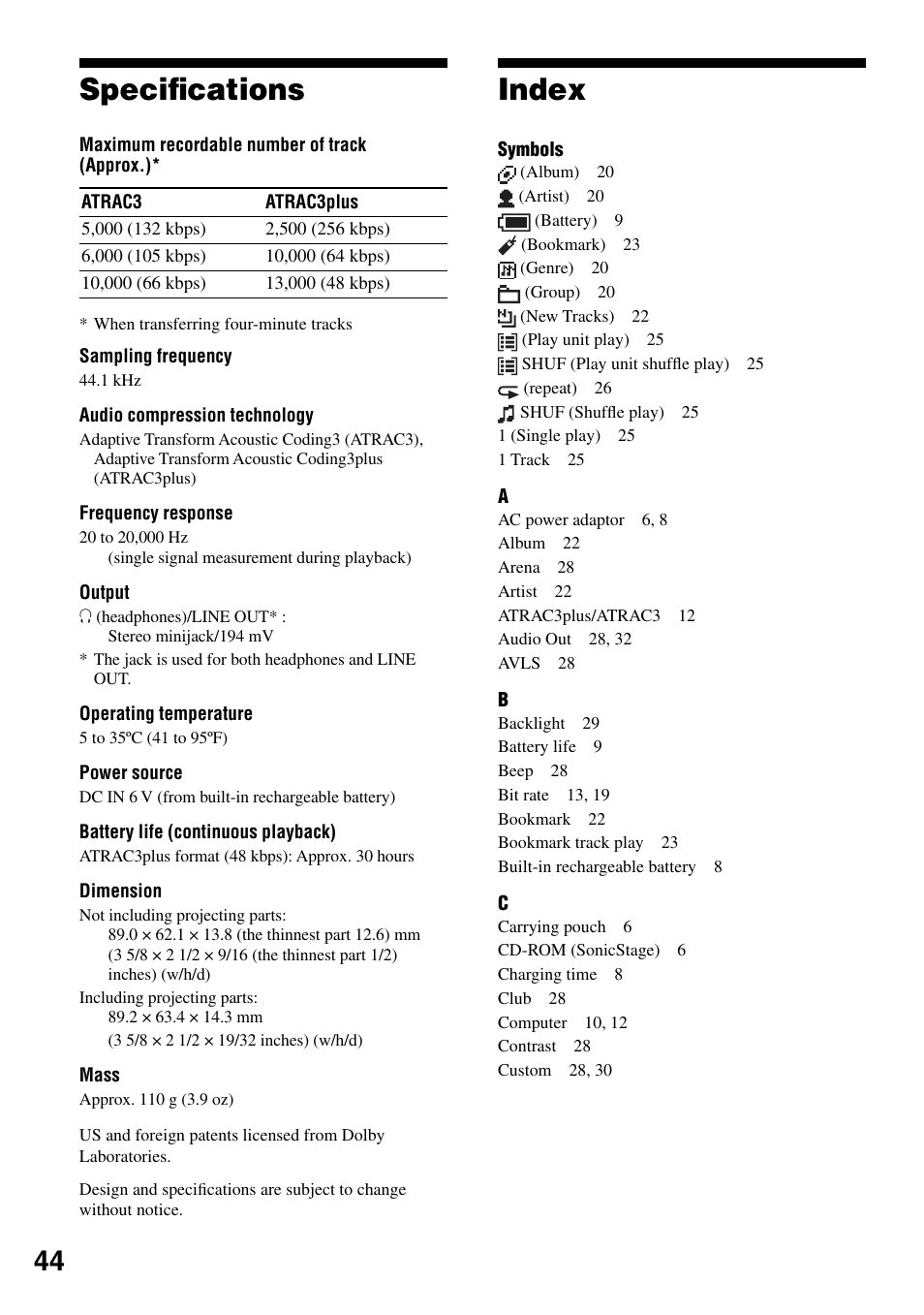 Specifications, Index, Specifi cations | Sony NW-HD1 User Manual | Page 44 / 46