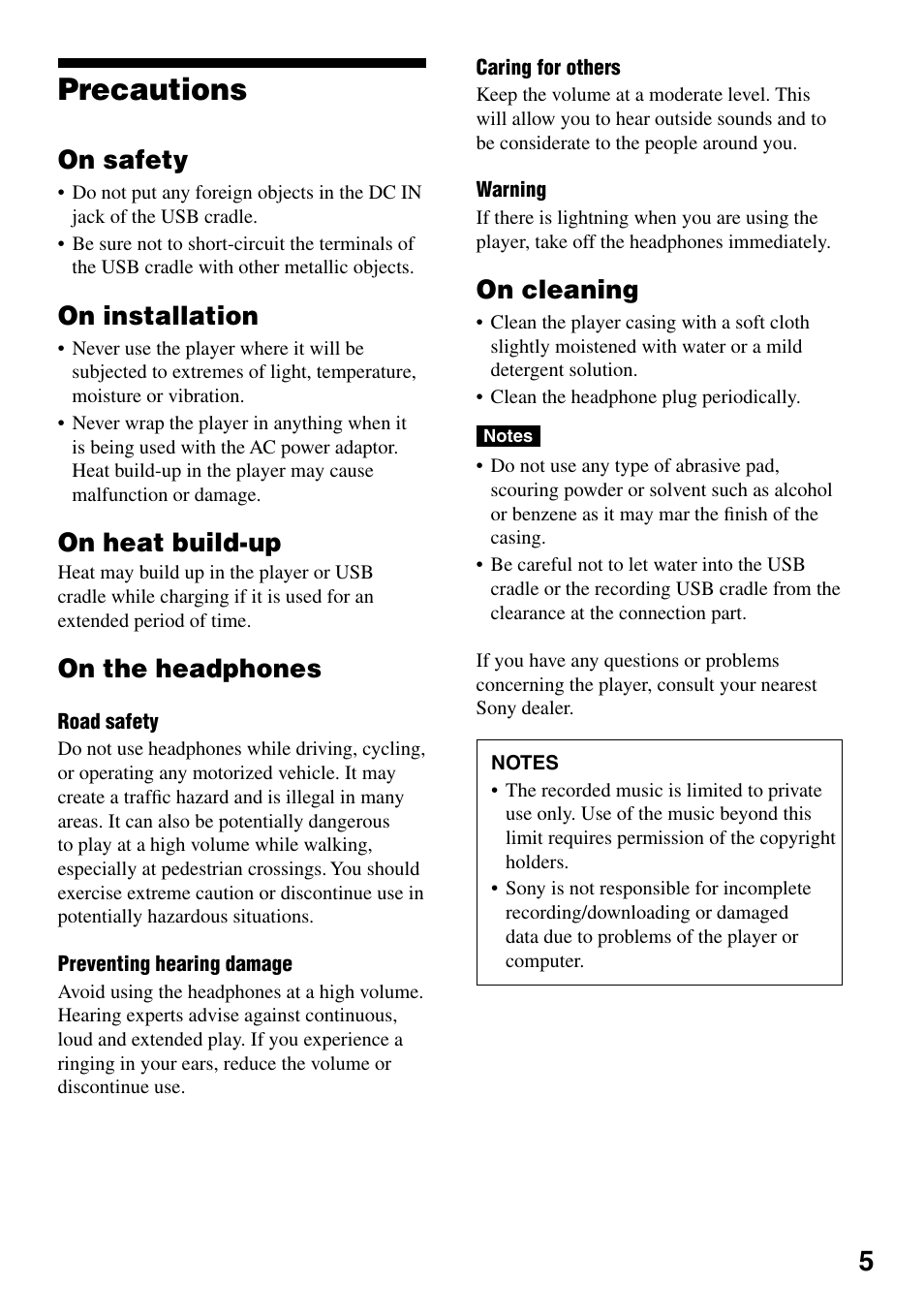 Precautions, On safety, On installation | On heat build-up, On the headphones, On cleaning | Sony NW-HD1 User Manual | Page 5 / 46