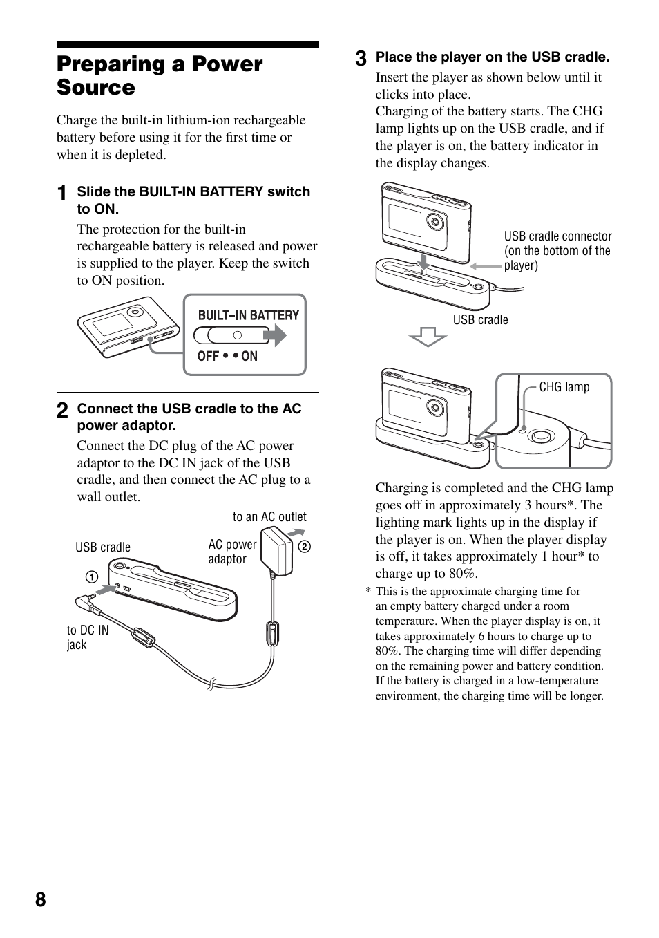 Preparing a power source | Sony NW-HD1 User Manual | Page 8 / 46