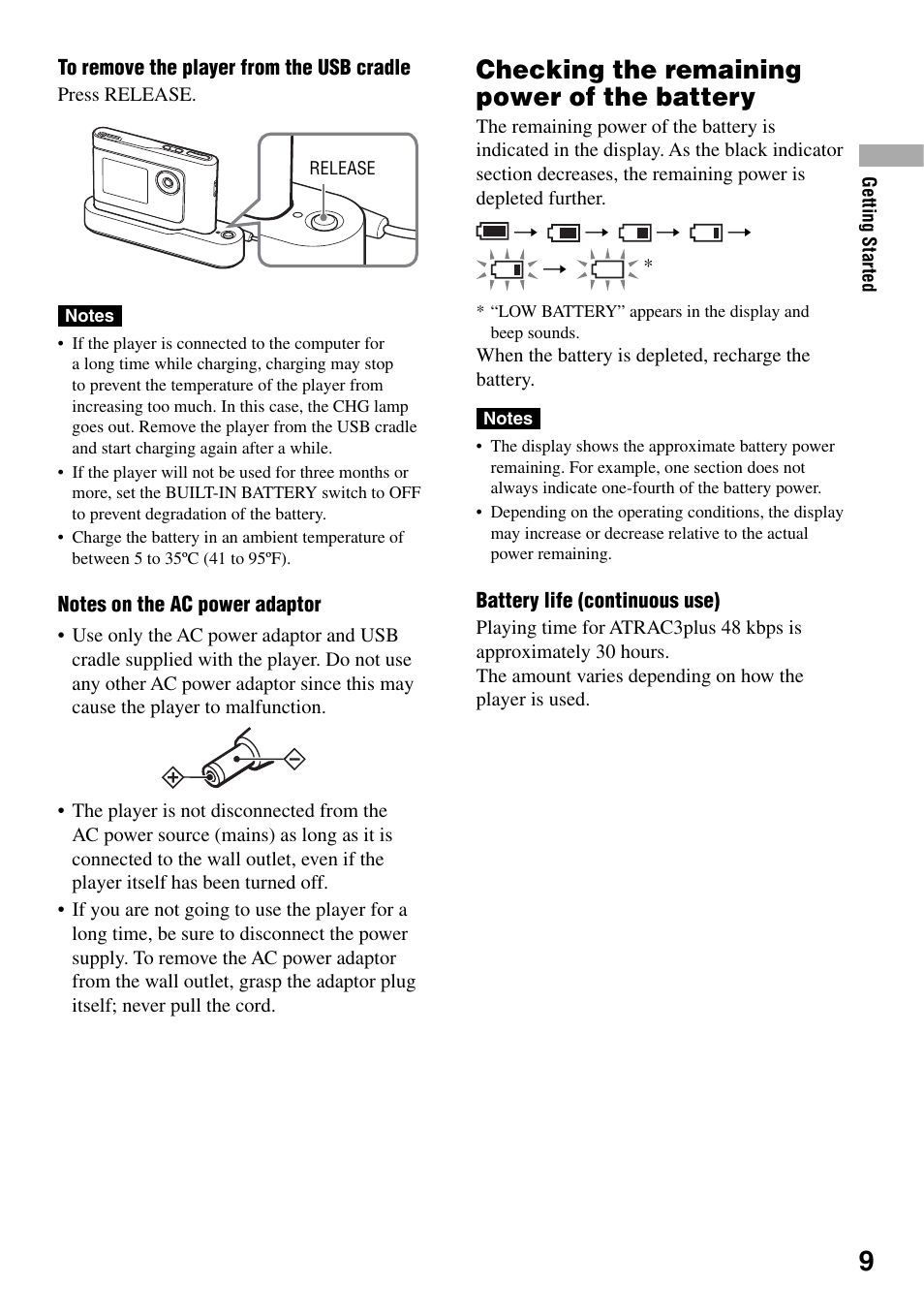 Checking the remaining power of the battery, Checking the remaining power of the, Battery | Sony NW-HD1 User Manual | Page 9 / 46