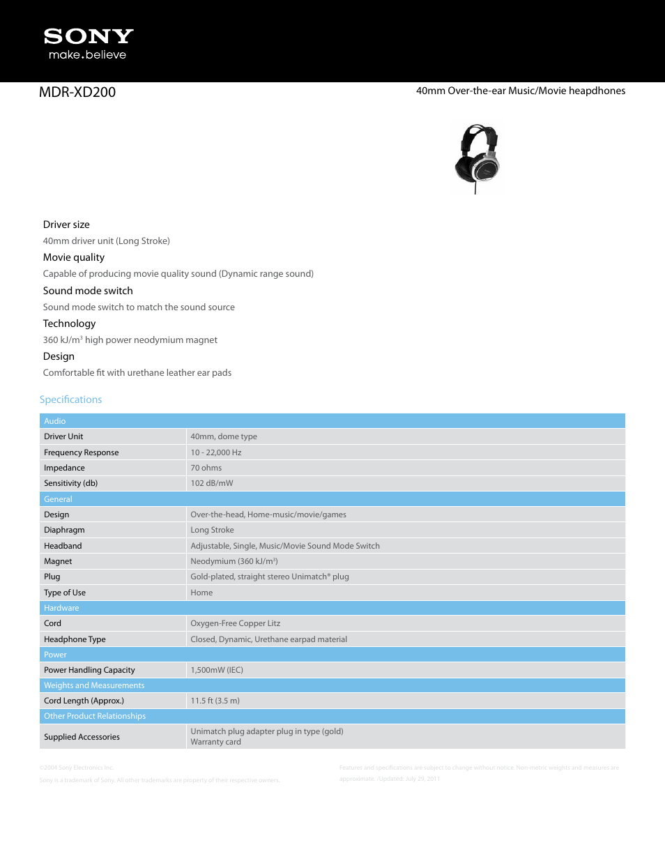 Sony MDR-XD200 User Manual | 1 page