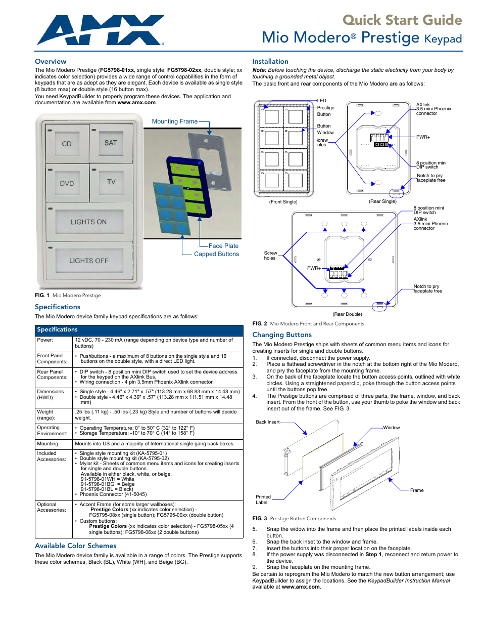 AMX Mio Modero Prestige User Manual | 2 pages
