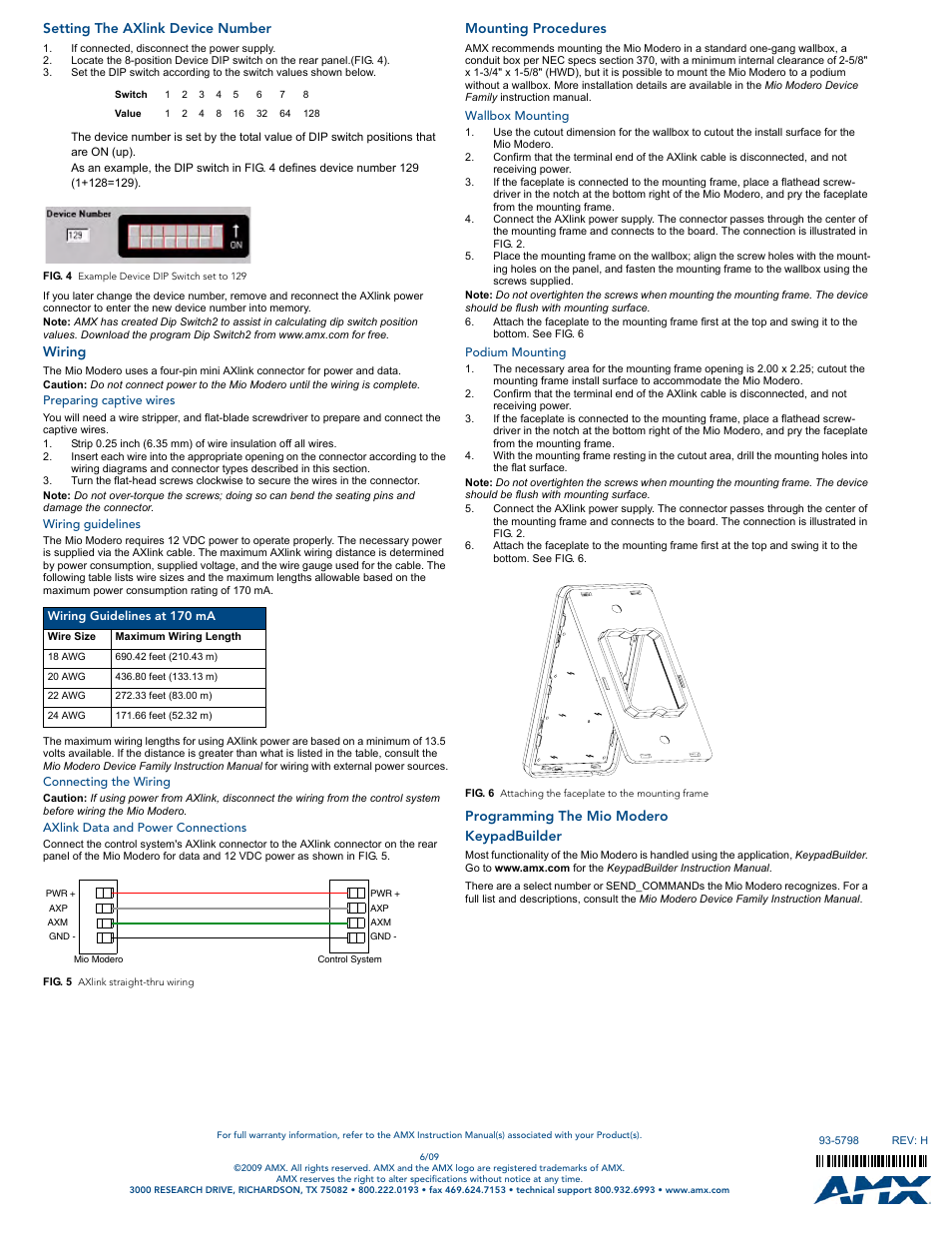 Setting the axlink device number, Wiring, Preparing captive wires | Wiring guidelines, Connecting the wiring, Axlink data and power connections, Mounting procedures, Wallbox mounting, Podium mounting, Programming the mio modero | AMX Mio Modero Prestige User Manual | Page 2 / 2