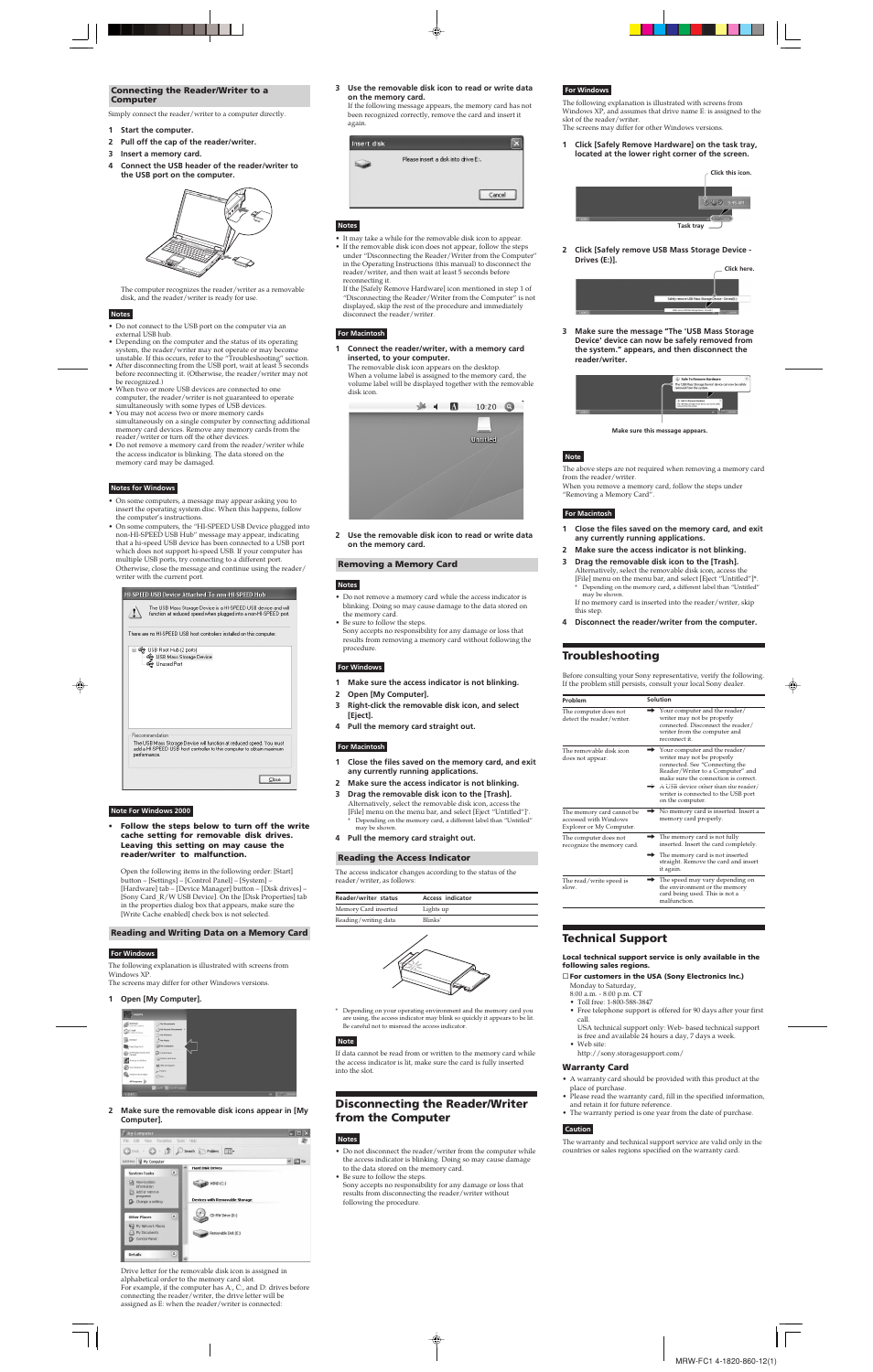 Troubleshooting, Technical support, Disconnecting the reader/writer from the computer | Sony MRW-FC1 User Manual | Page 2 / 2