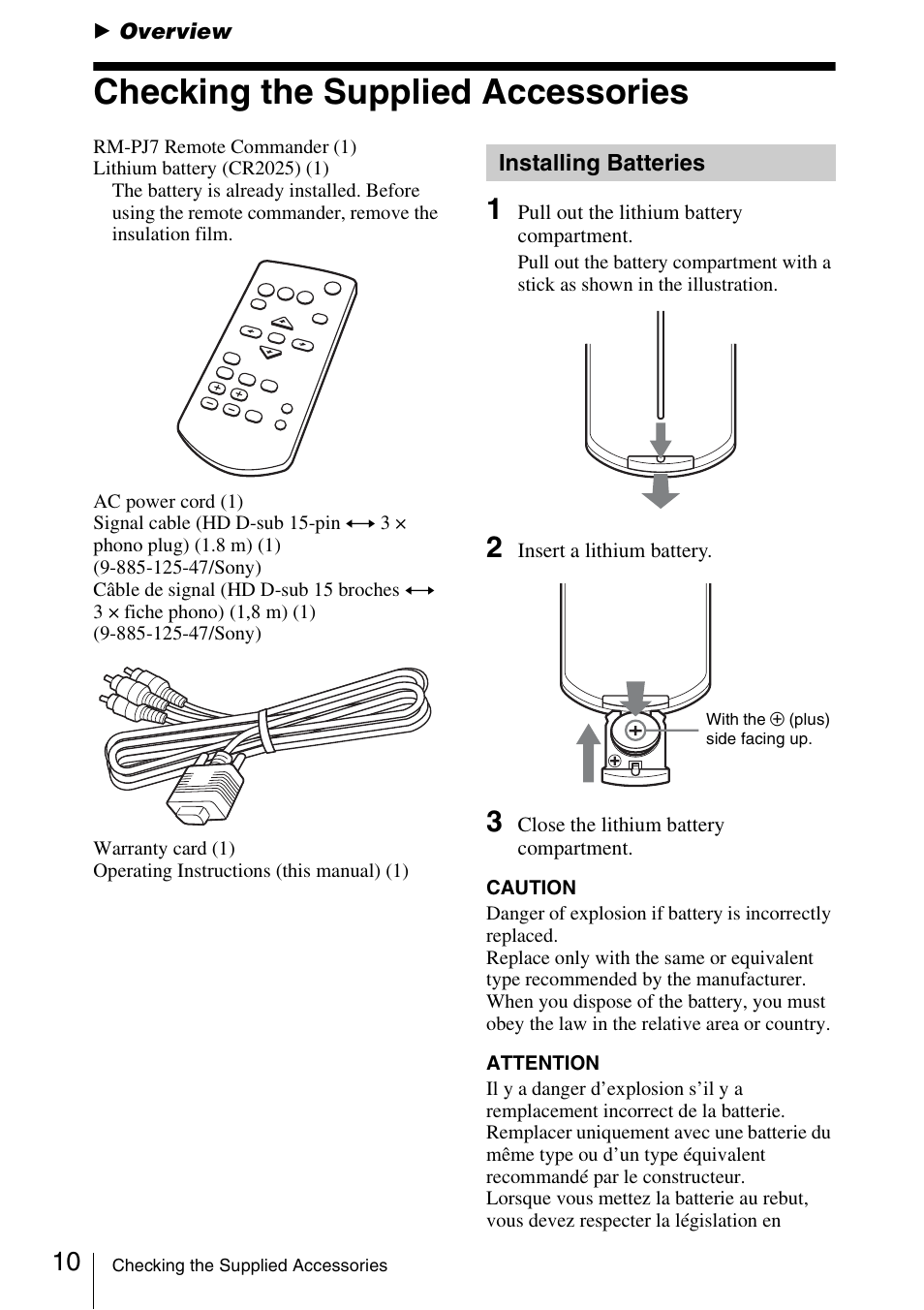 Overview, Checking the supplied accessories, Installing batteries | Checking the supplied, Accessories | Sony VPL-BW120S User Manual | Page 10 / 51