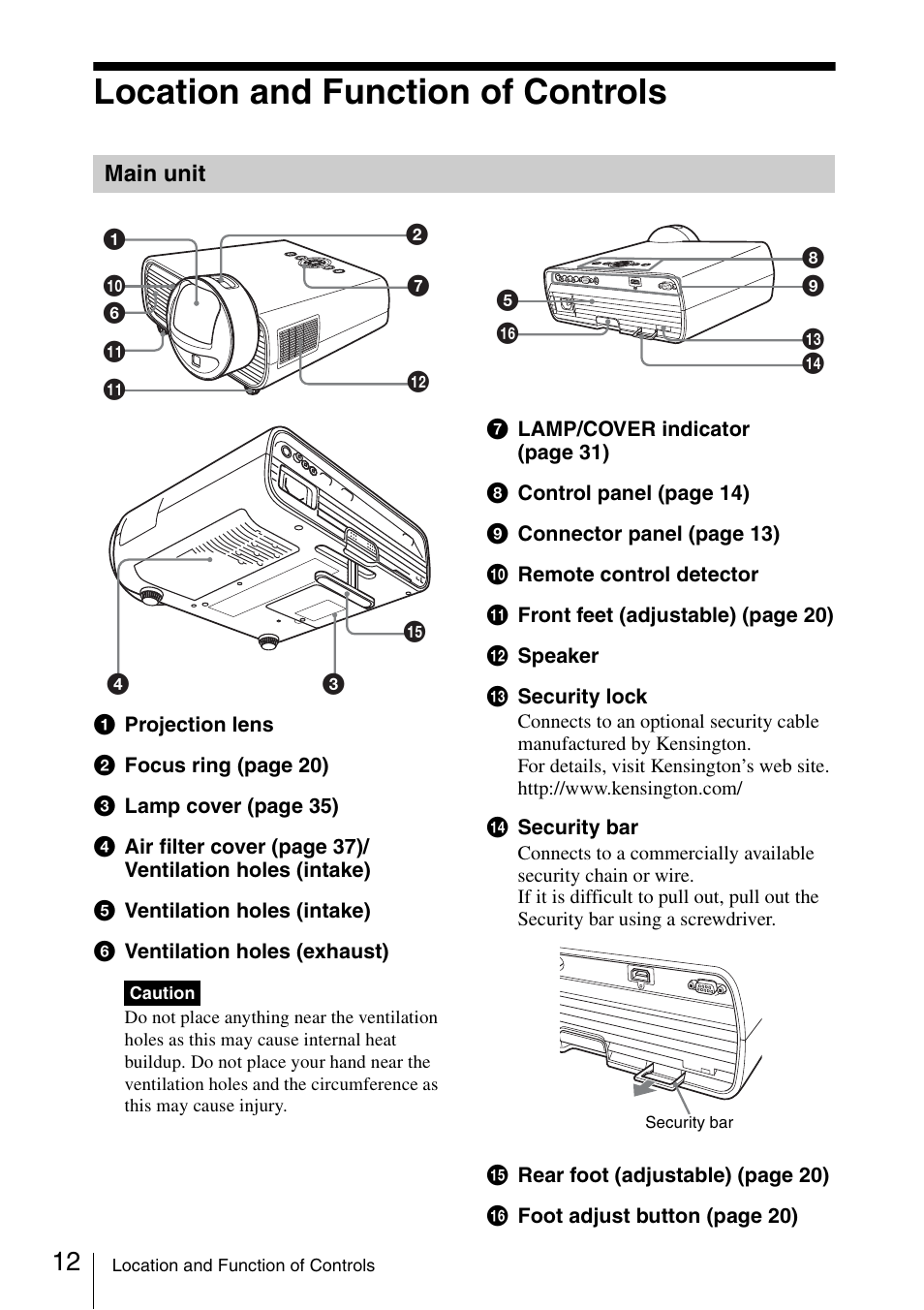 Location and function of controls, Main unit, Location and function of | Controls | Sony VPL-BW120S User Manual | Page 12 / 51