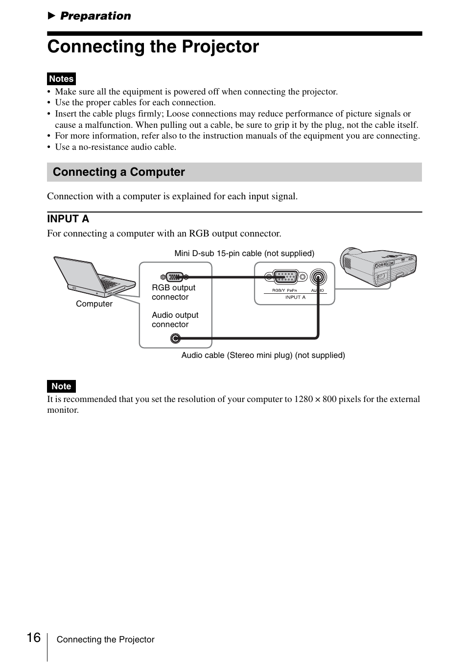 Preparation, Connecting the projector, Connecting a computer | Sony VPL-BW120S User Manual | Page 16 / 51