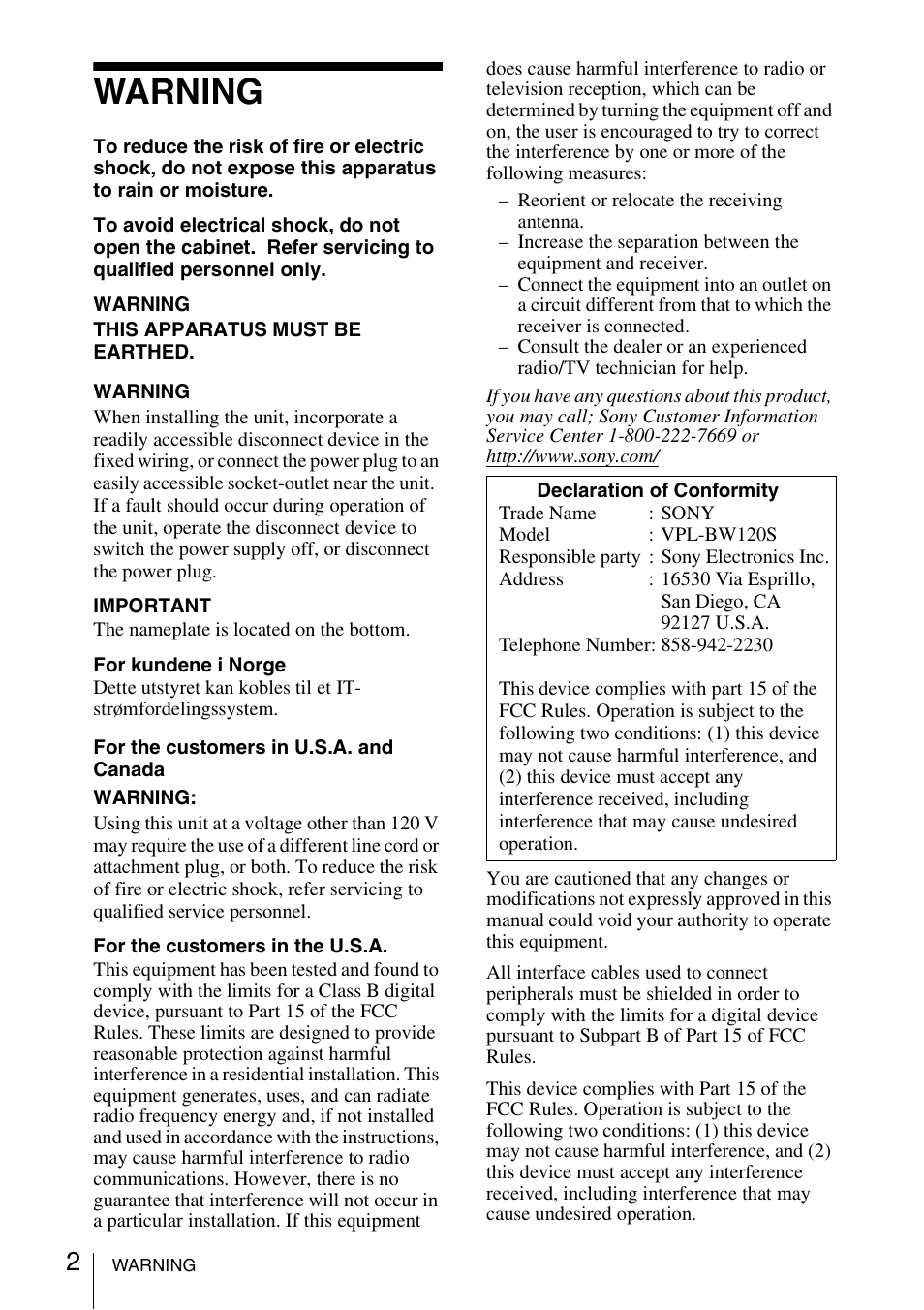 Warning | Sony VPL-BW120S User Manual | Page 2 / 51