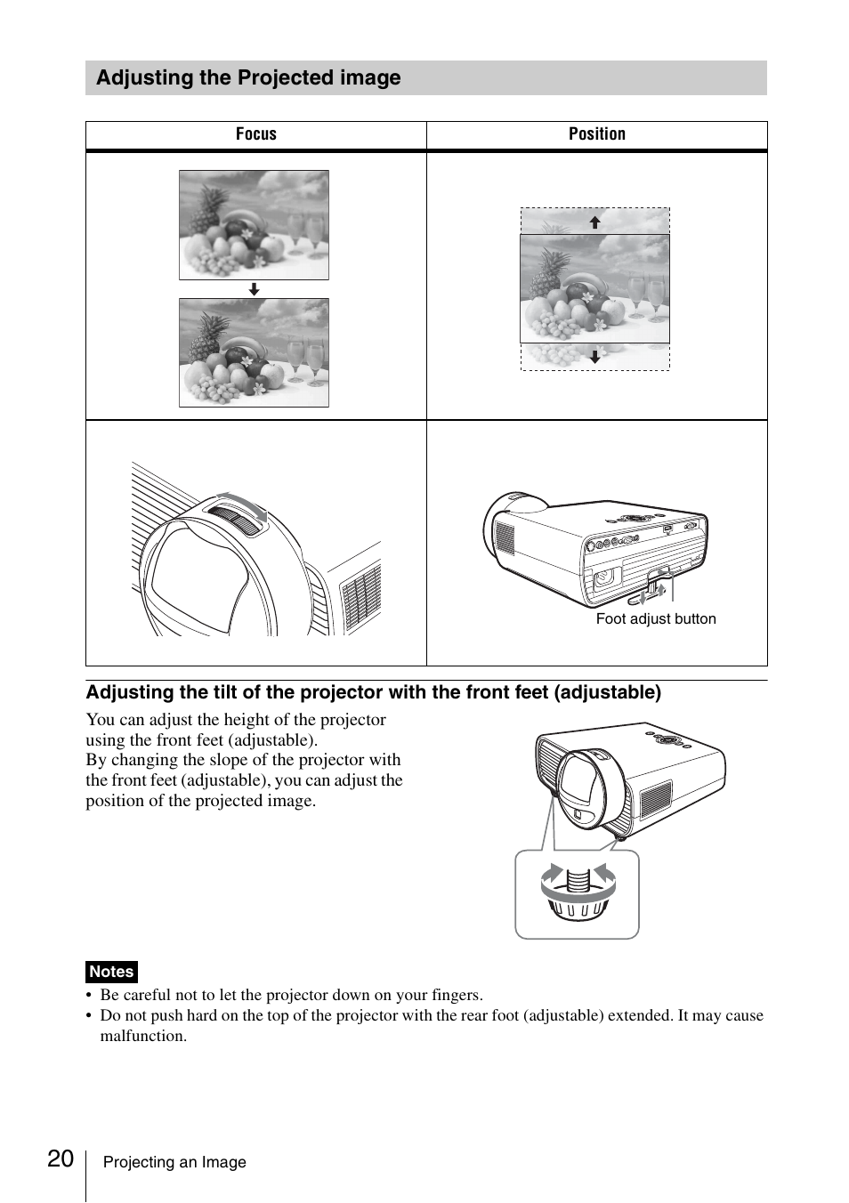 Adjusting the projected image | Sony VPL-BW120S User Manual | Page 20 / 51