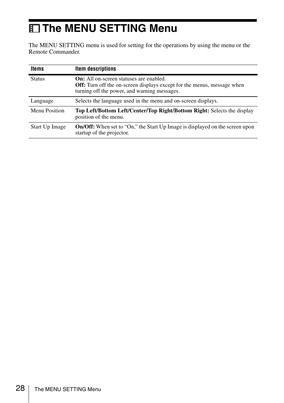 The menu setting menu | Sony VPL-BW120S User Manual | Page 28 / 51