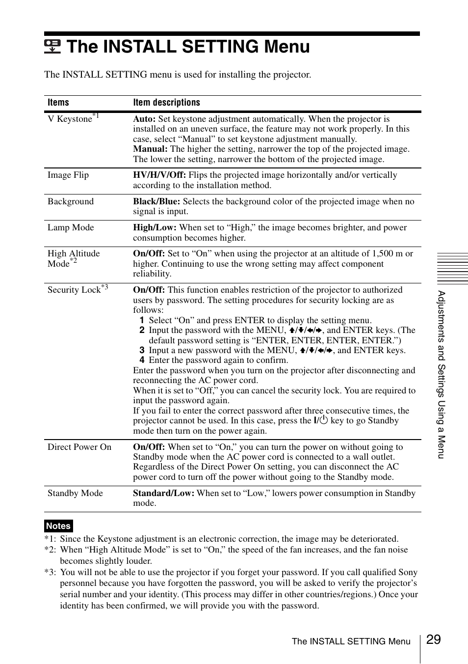 The install setting menu | Sony VPL-BW120S User Manual | Page 29 / 51