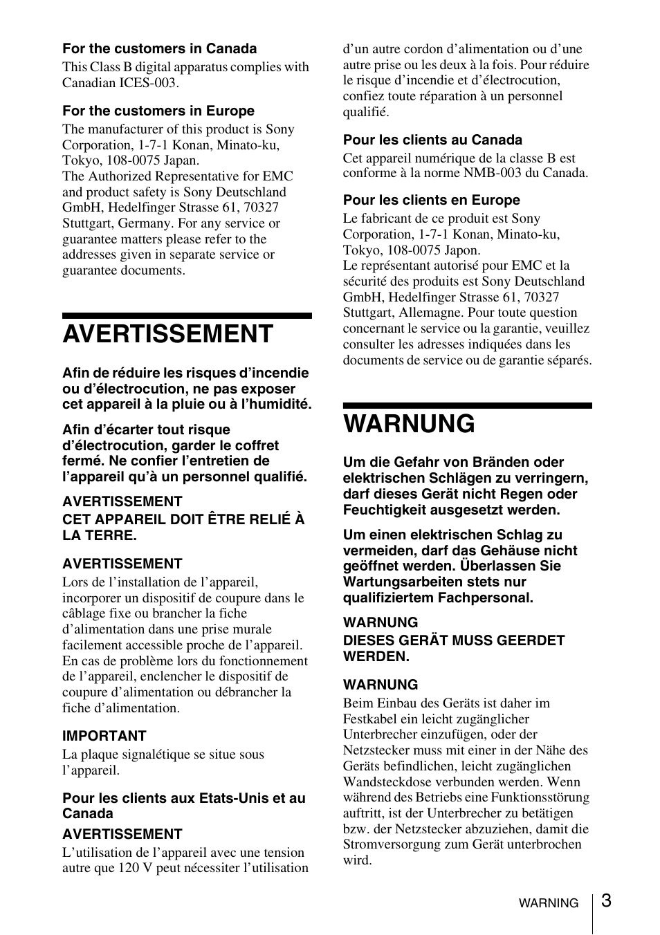 Avertissement, Warnung | Sony VPL-BW120S User Manual | Page 3 / 51