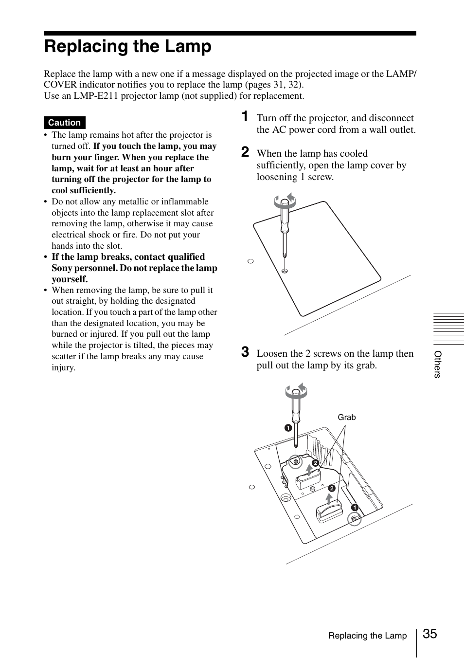 Replacing the lamp | Sony VPL-BW120S User Manual | Page 35 / 51