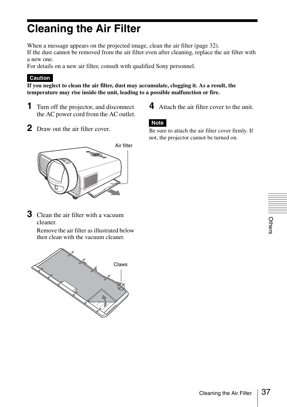 Cleaning the air filter, E 37) | Sony VPL-BW120S User Manual | Page 37 / 51