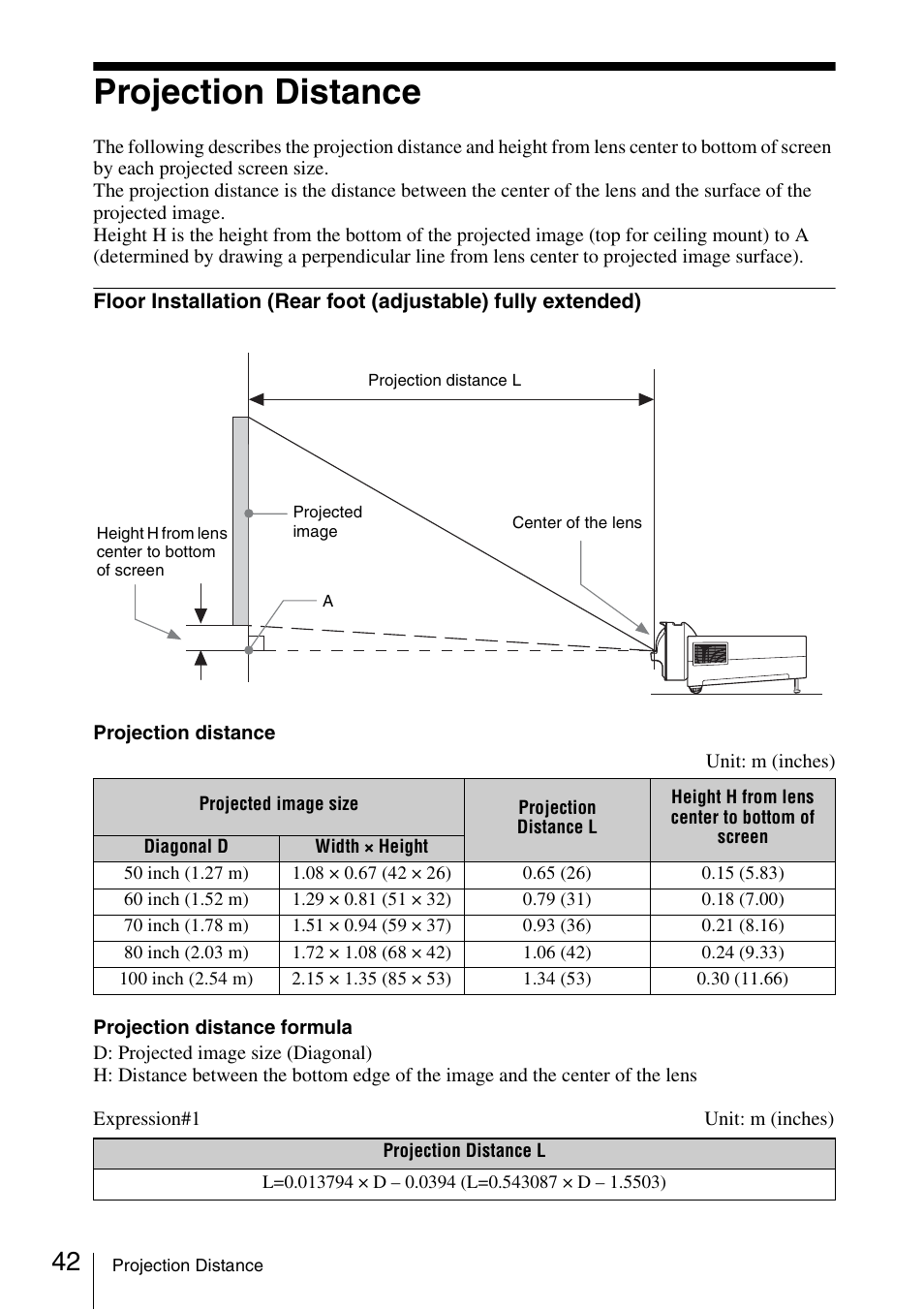 Projection distance | Sony VPL-BW120S User Manual | Page 42 / 51