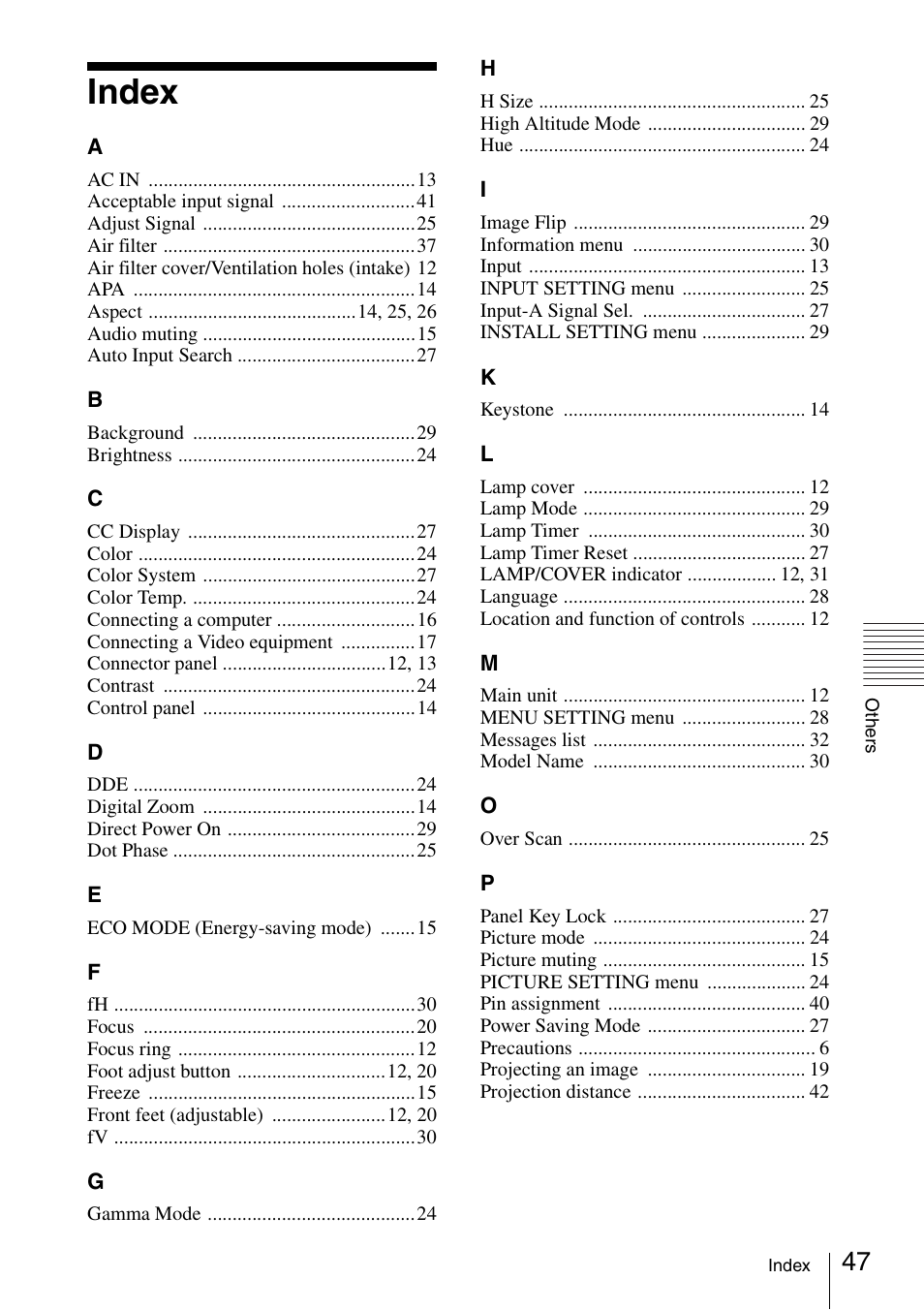 Index | Sony VPL-BW120S User Manual | Page 47 / 51