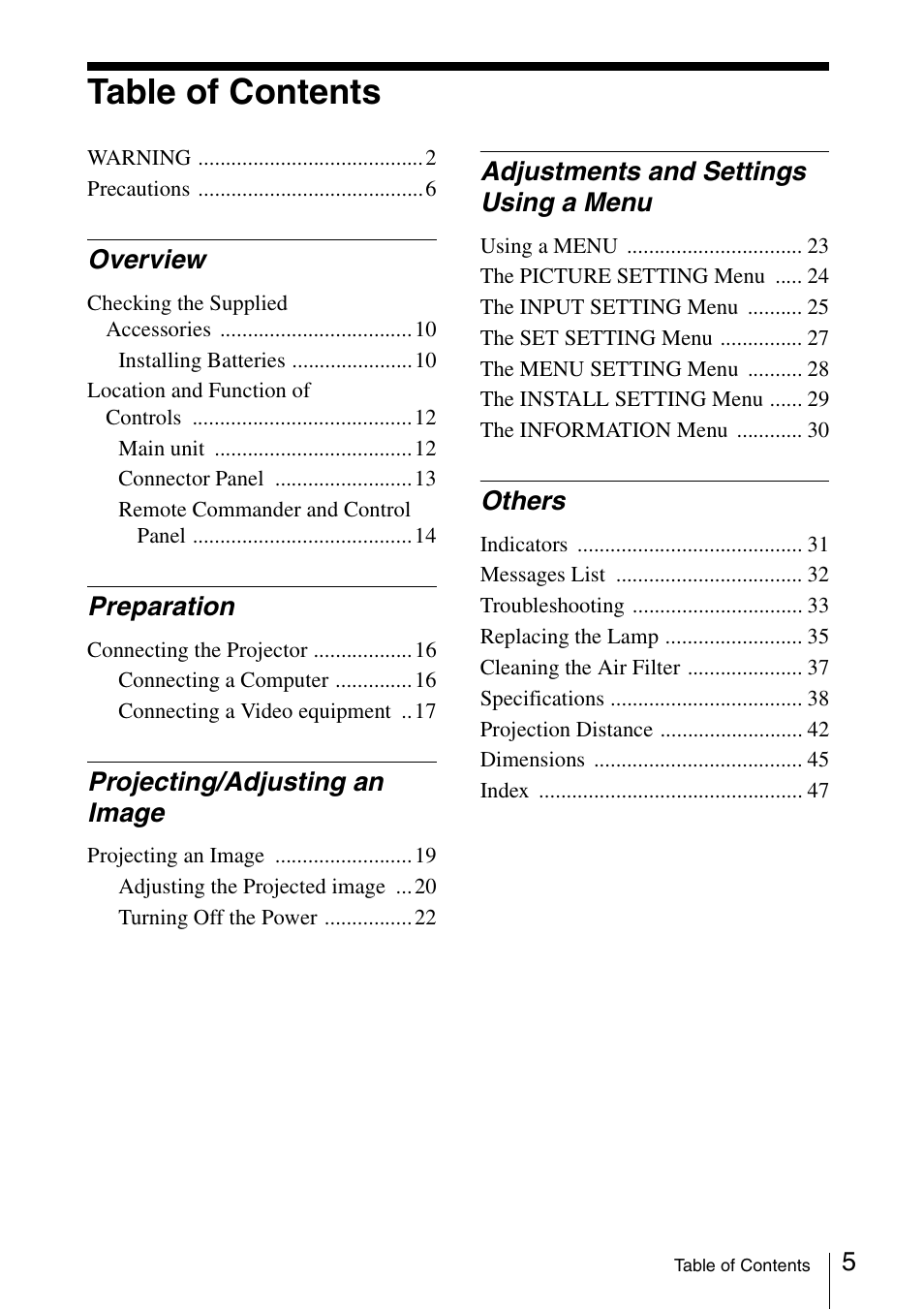 Sony VPL-BW120S User Manual | Page 5 / 51