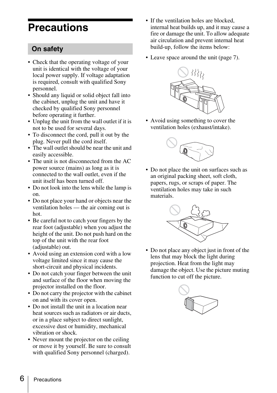 Precautions, On safety | Sony VPL-BW120S User Manual | Page 6 / 51