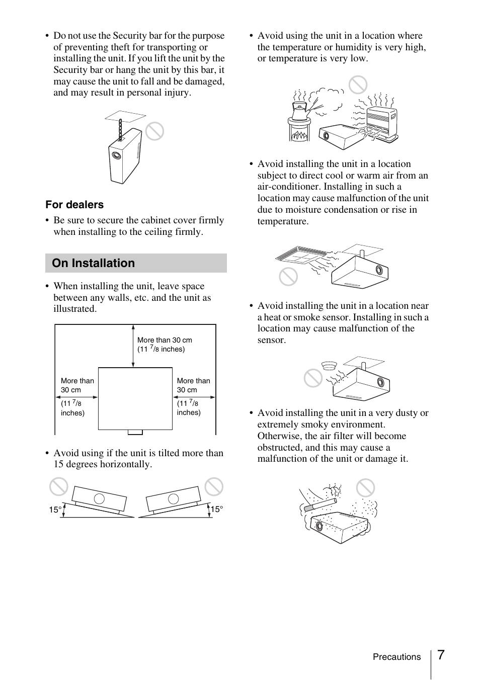 On installation, For dealers | Sony VPL-BW120S User Manual | Page 7 / 51