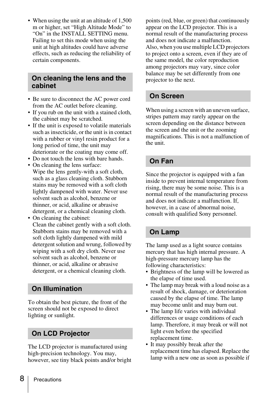 On cleaning the lens and the cabinet, On illumination, On lcd projector | On screen, On fan, On lamp | Sony VPL-BW120S User Manual | Page 8 / 51