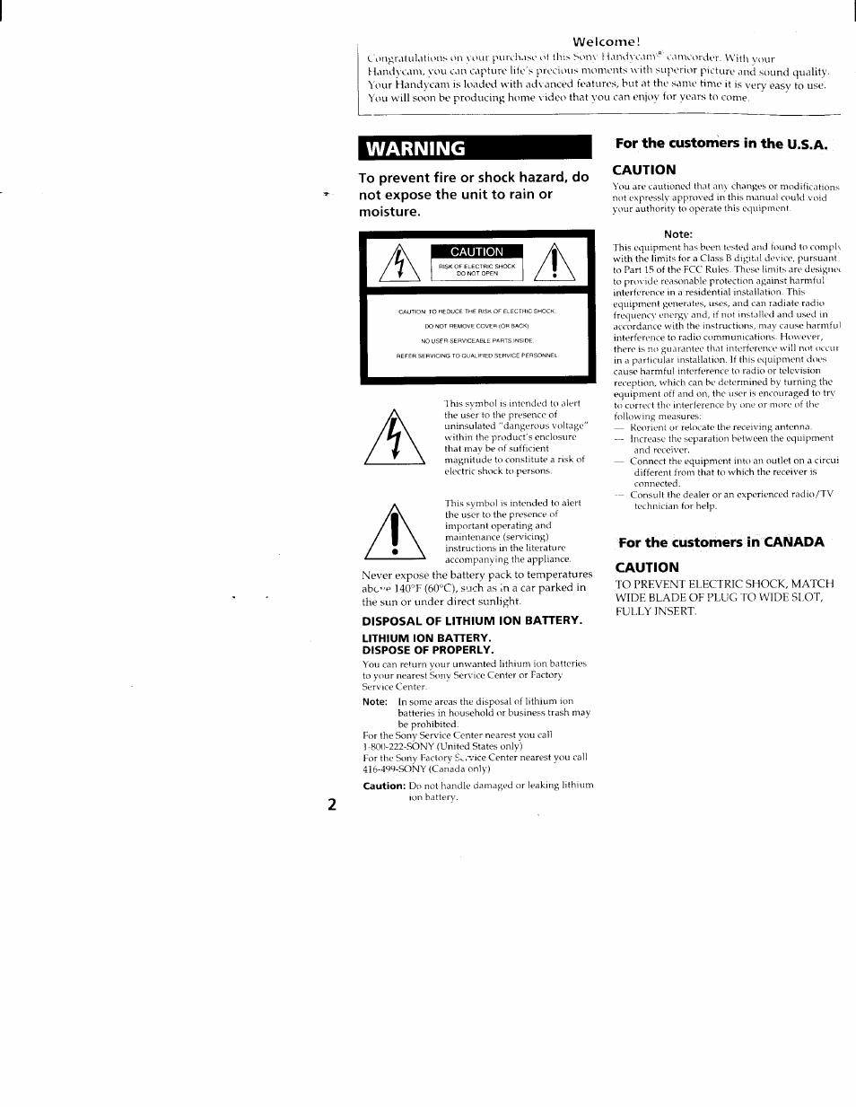 Disposal of lithium ion battery, Lithium ion battery, Dispose of properly | Note, Warning, For the customers in the u.s.a. caution, For the customers in canada caution | Sony CCD-TR516 User Manual | Page 2 / 76