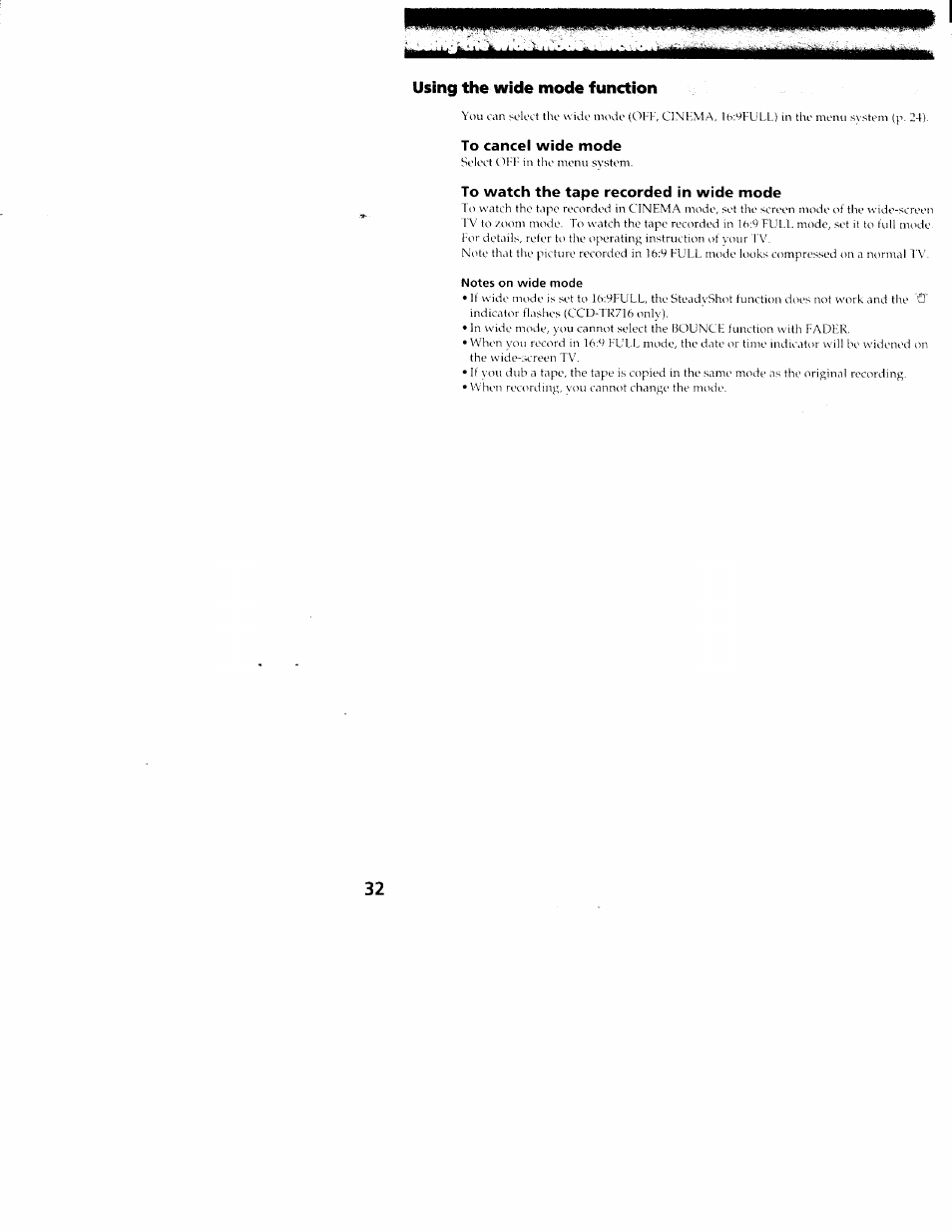 Using the wide mode function, To cancel wide mode, To watch the tape recorded in wide mode | Sony CCD-TR516 User Manual | Page 32 / 76