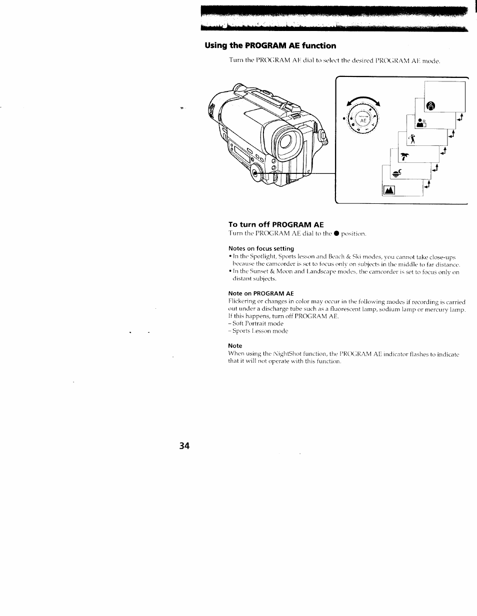 Using the program ae function, To turn off program ae | Sony CCD-TR516 User Manual | Page 34 / 76