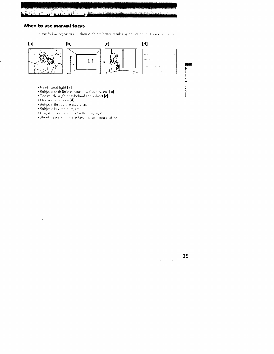 When to use manual focus, B] [c] [d, Ìm^^^èàlààteàlé^èiié | Sony CCD-TR516 User Manual | Page 35 / 76