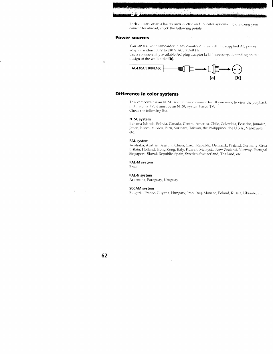 Power sources, Difference in color systems | Sony CCD-TR516 User Manual | Page 62 / 76