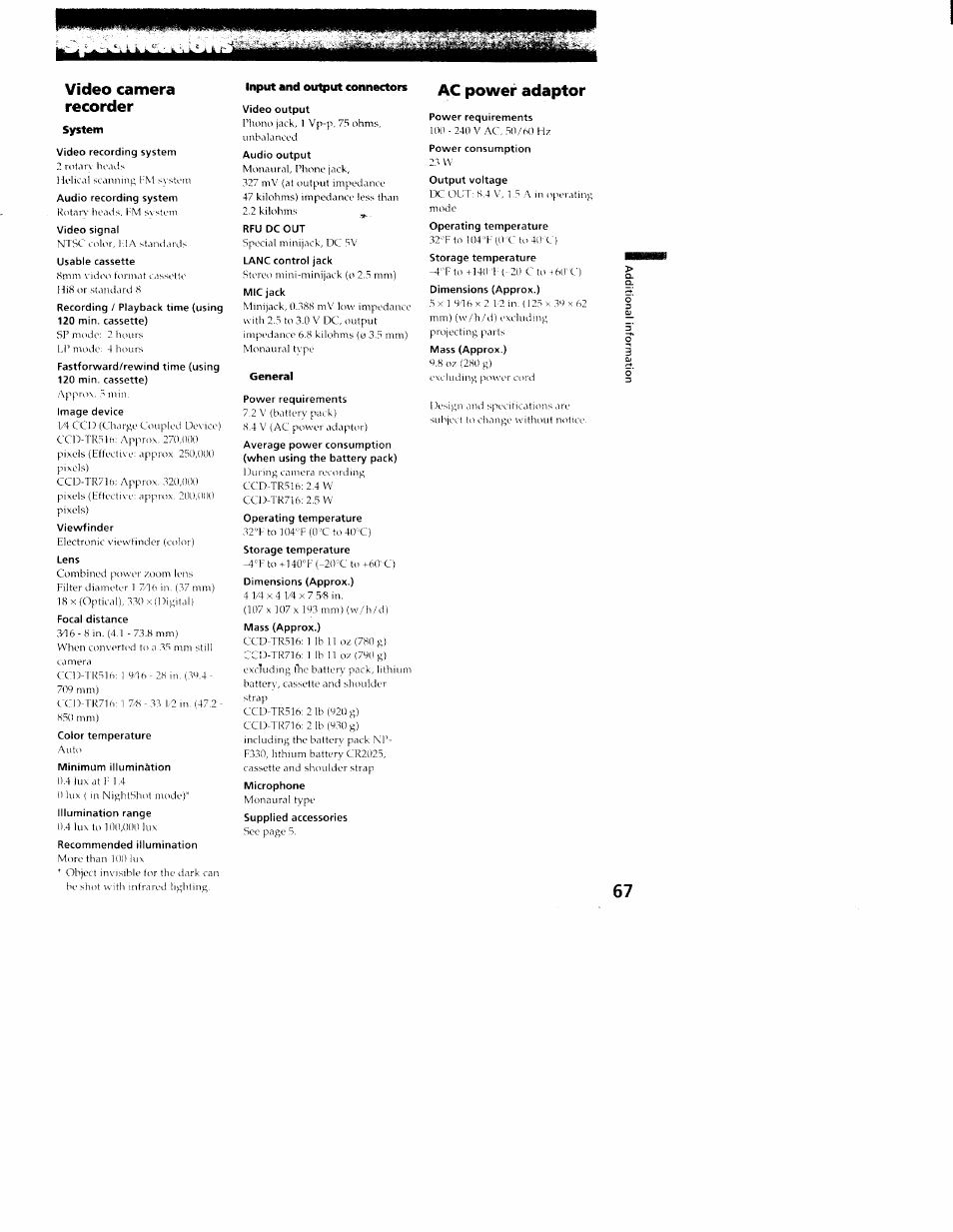 Video camera recorder, Power adaptor, System | Input and output connectors | Sony CCD-TR516 User Manual | Page 67 / 76