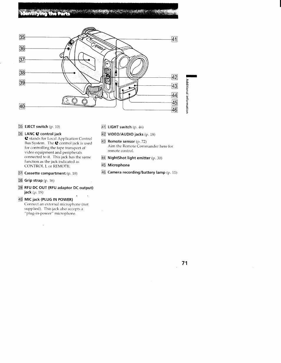 Eject switch (p. 10), Lanc c control jack, Cassette compartment (p. 10) | Grip strap (p. 16), Rfu dc out (rfu adaptor dc output) jack (p. 18), Mic jack (plug in power), Light switch (p. 46), Video/audio jacks (p. 18), Remote sensor (p. 72), Nightshot light emitter (p. 30) microphone | Sony CCD-TR516 User Manual | Page 71 / 76