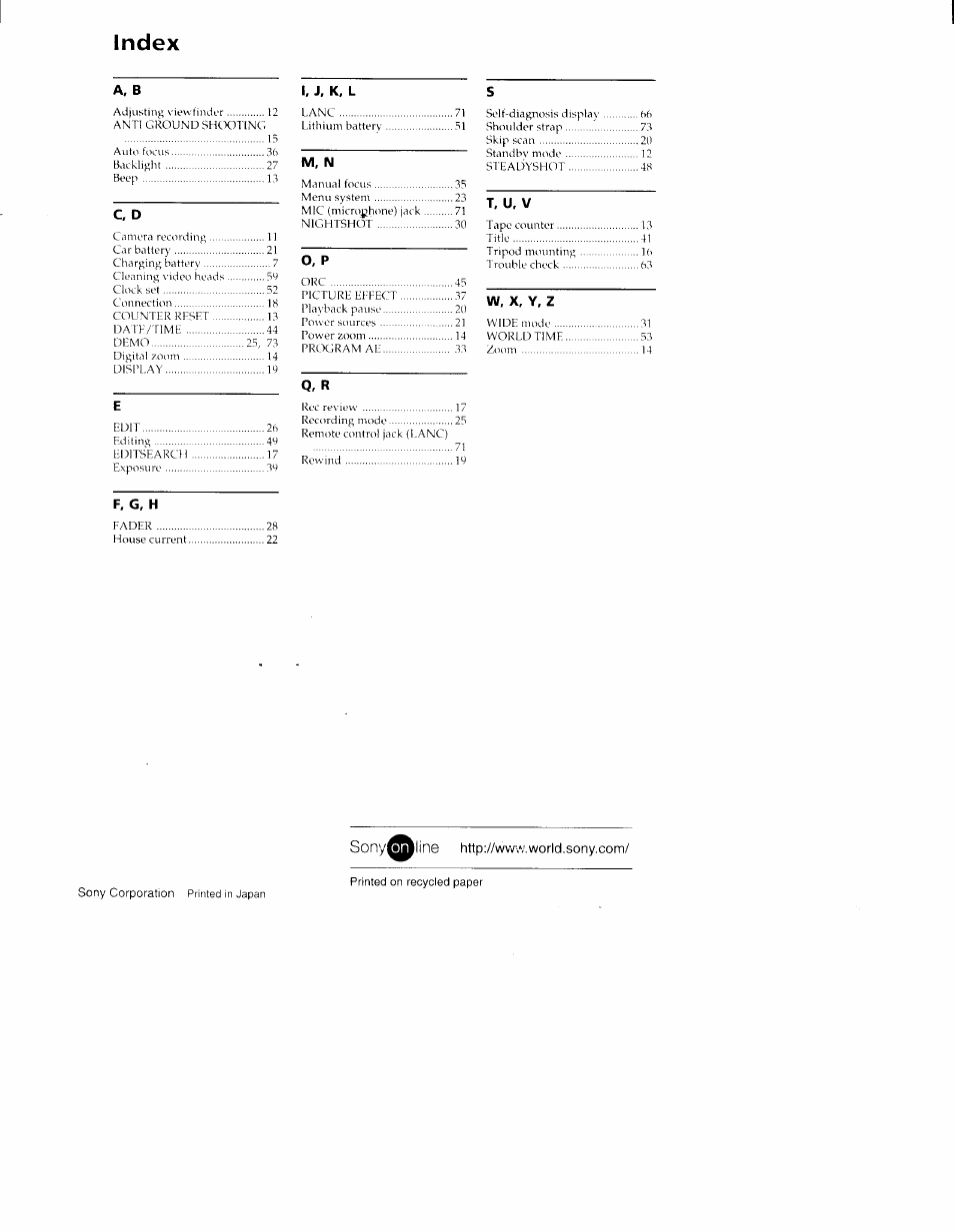 Index | Sony CCD-TR516 User Manual | Page 76 / 76