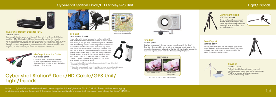 Cyber-shot station, Dock/hd cable/gps unit/ light/tripods, Light/tripods | Cyber-shot station dock/hd cable/gps unit | Sony DSC-T700 User Manual | Page 3 / 5