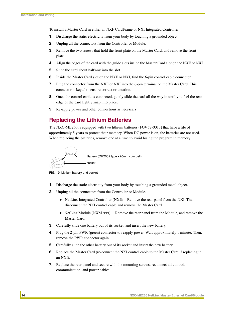 Replacing the lithium batteries | AMX NETLINX MASTER NXC-ME260 User Manual | Page 18 / 48