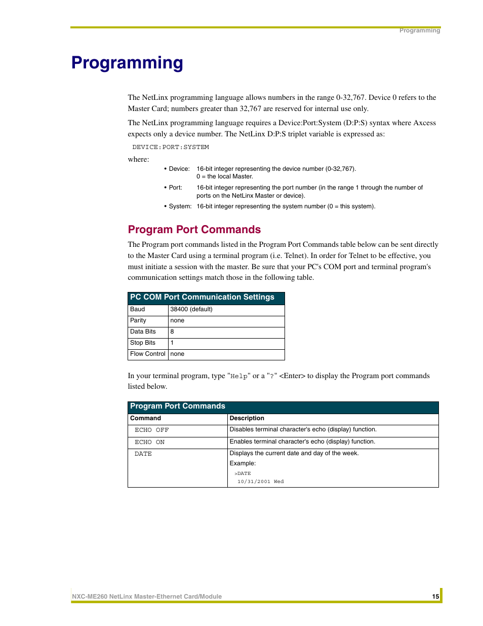 Programming, Program port commands | AMX NETLINX MASTER NXC-ME260 User Manual | Page 19 / 48