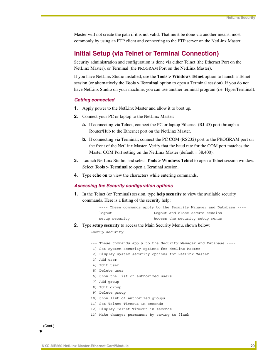 Initial setup (via telnet or terminal connection), Getting connected, Accessing the security configuration options | AMX NETLINX MASTER NXC-ME260 User Manual | Page 33 / 48