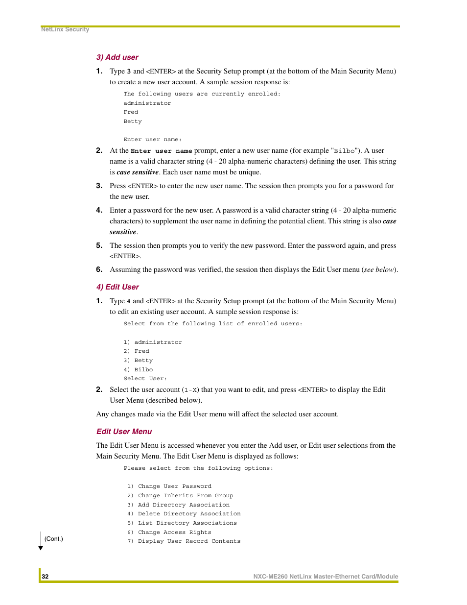 3) add user, 4) edit user, Edit user menu | AMX NETLINX MASTER NXC-ME260 User Manual | Page 36 / 48