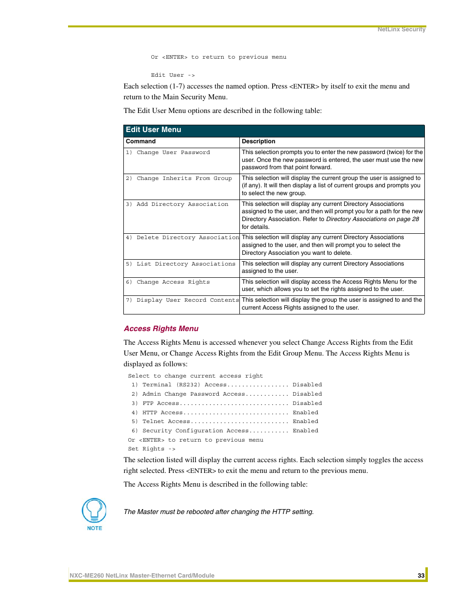 Access rights menu | AMX NETLINX MASTER NXC-ME260 User Manual | Page 37 / 48