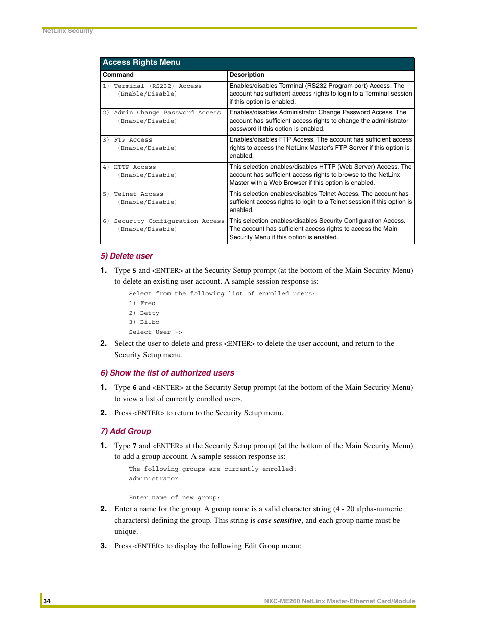 5) delete user, 6) show the list of authorized users, 7) add group | AMX NETLINX MASTER NXC-ME260 User Manual | Page 38 / 48