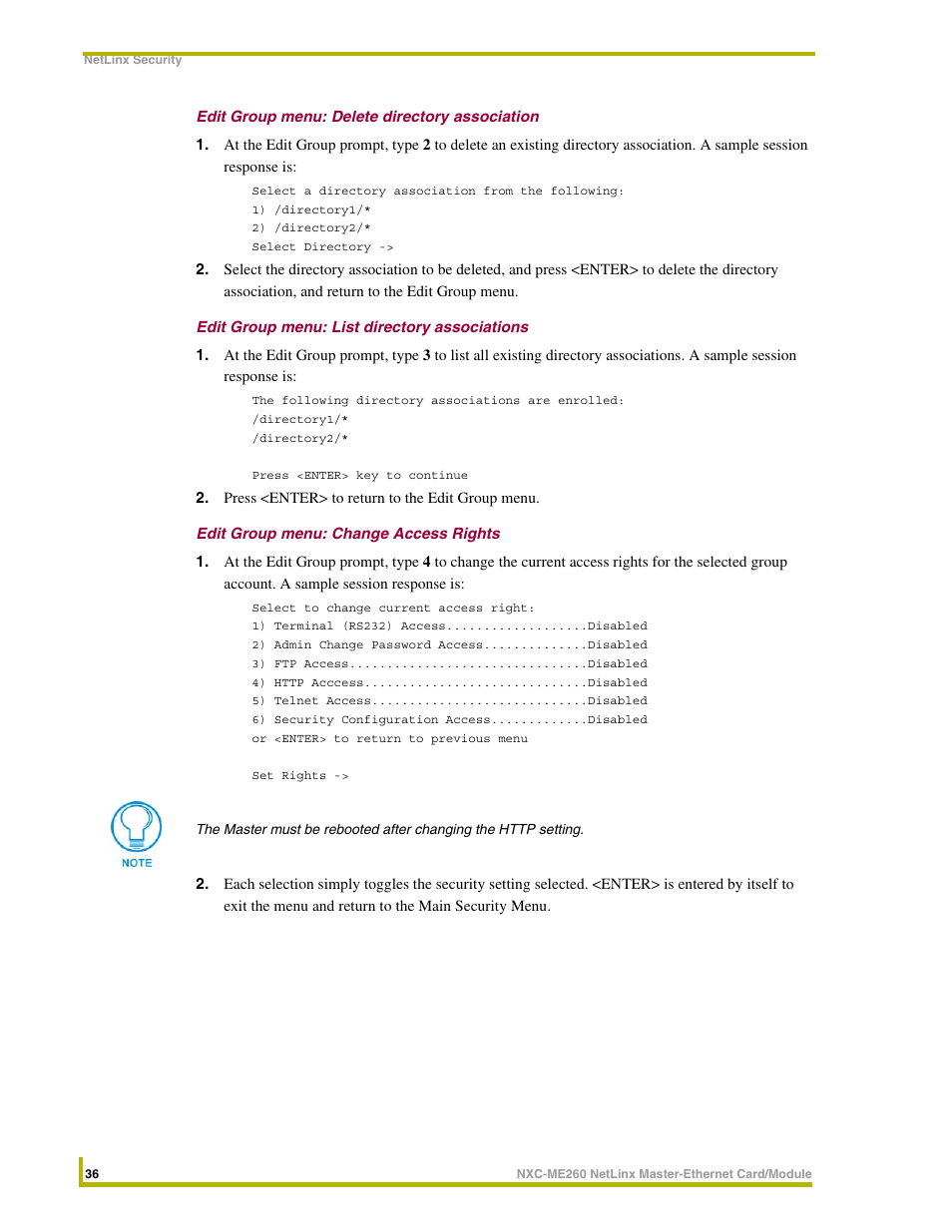 Edit group menu: delete directory association, Edit group menu: list directory associations, Edit group menu: change access rights | AMX NETLINX MASTER NXC-ME260 User Manual | Page 40 / 48