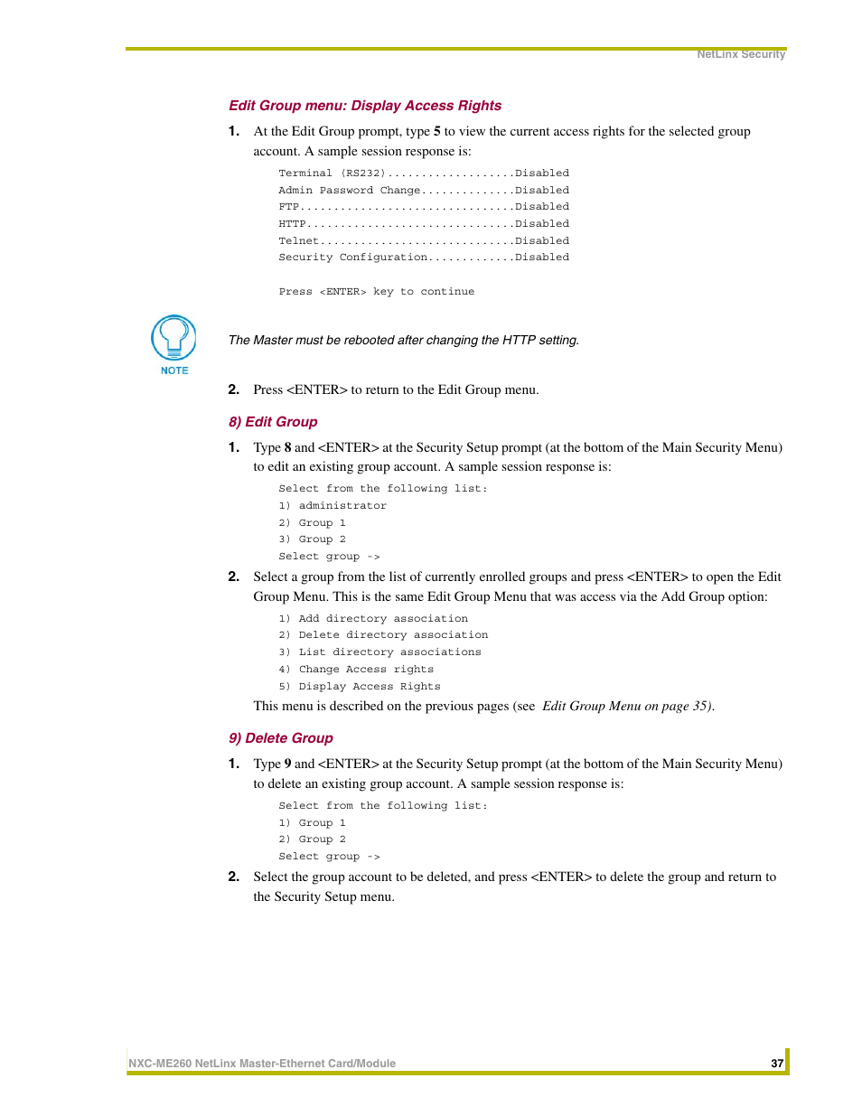 Edit group menu: display access rights, 8) edit group, 9) delete group | AMX NETLINX MASTER NXC-ME260 User Manual | Page 41 / 48